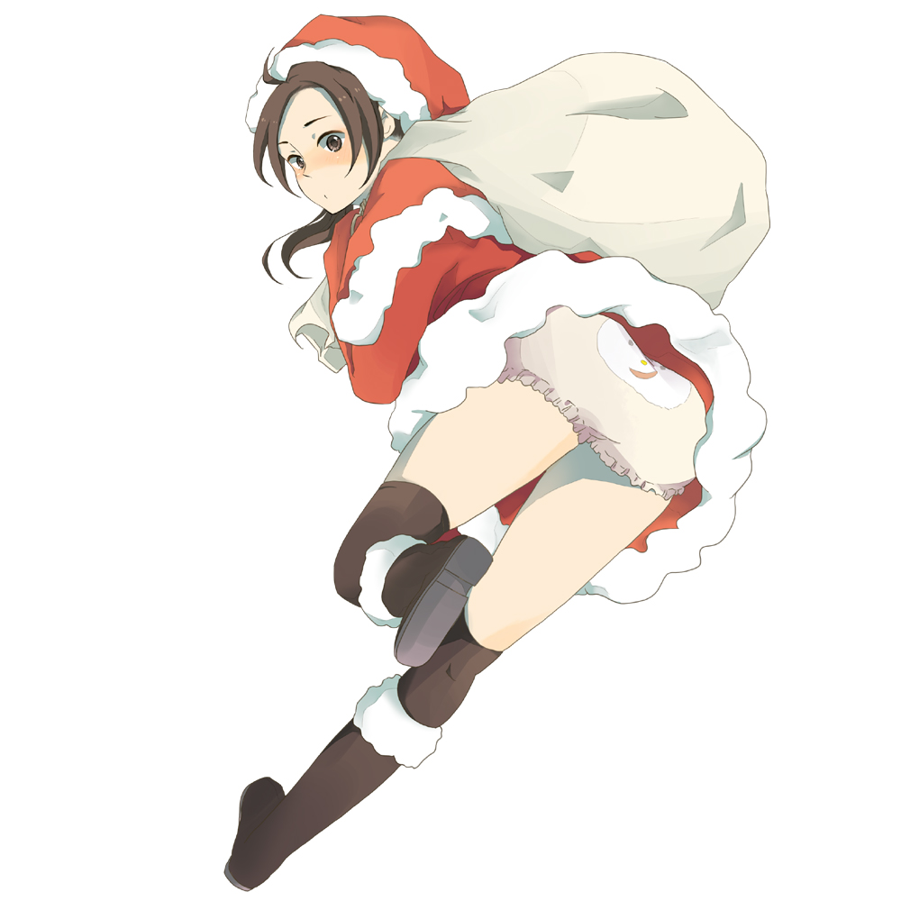 mokiji, china (hetalia), axis powers hetalia, 10s, 1boy, bent over, blush, christmas, crossdressing, crossdressing (mtf), full body, hat, male focus, panties, sack, santa costume, santa hat, simple background, solo, thighhighs, trap, underwear