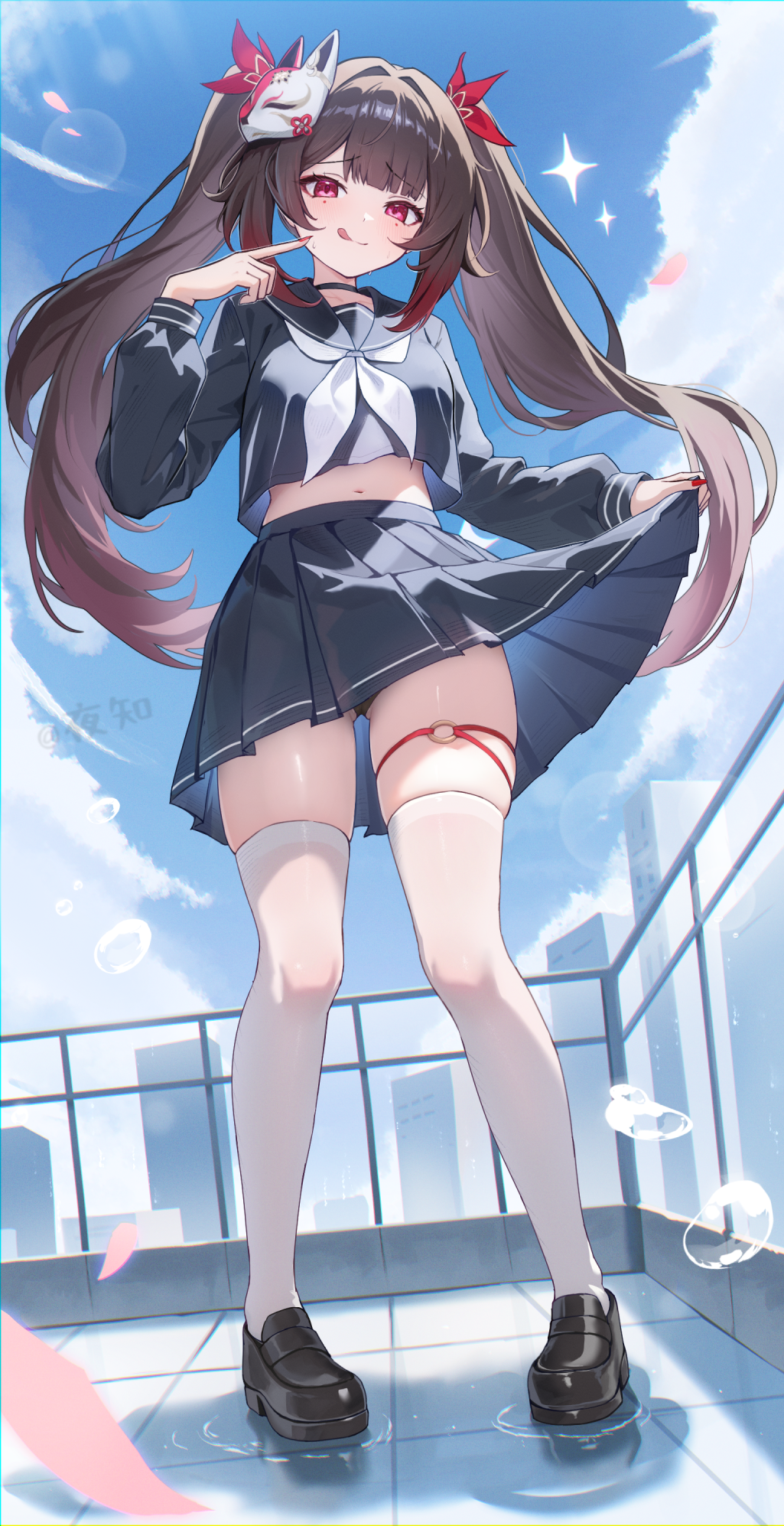 night known, sparkle (honkai: star rail), honkai: star rail, honkai (series), commentary, highres, paid reward available, 1girl, :q, black serafuku, black shoes, blue sky, breasts, brown hair, day, fox mask, from below, full body, looking at viewer, mark under both eyes, mask, mask on head, medium breasts, midriff, navel, on rooftop, outdoors, pleated skirt, purple eyes, rooftop, school uniform, serafuku, shoes, skindentation, skirt, skirt hold, sky, socks, solo, stomach, thighhighs, tongue, tongue out, twintails, white socks, white thighhighs
