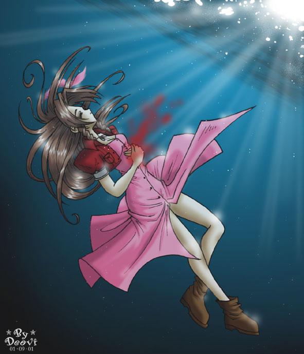 aerith gainsborough, final fantasy, final fantasy vii, 1990s (style), blood, clothes lift, death, dress, dress lift, forgotten city, retro artstyle, underwater