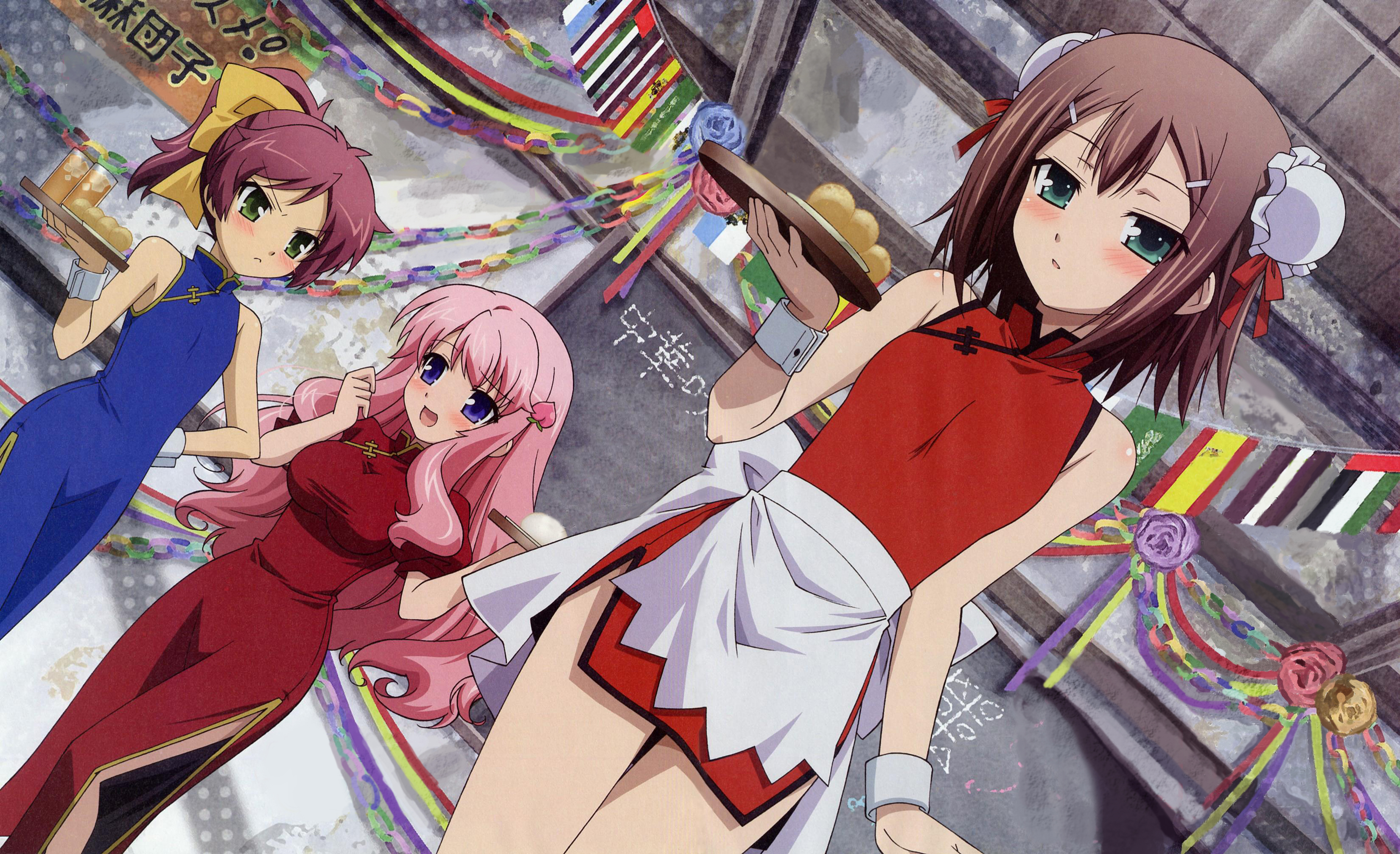 ooshima miwa, himeji mizuki, kinoshita hideyoshi, shimada minami, baka to test to shoukanjuu, absurdres, detexted, highres, non-web source, official art, third-party edit, 2girls, blush, bow, brown hair, china dress, chinese clothes, crossdressing, crossdressing (ftm), dress, drink, food, green eyes, hair bow, long hair, multiple girls, pink hair, ponytail, short hair, trap, tray, very long hair, waitress, wrist cuffs