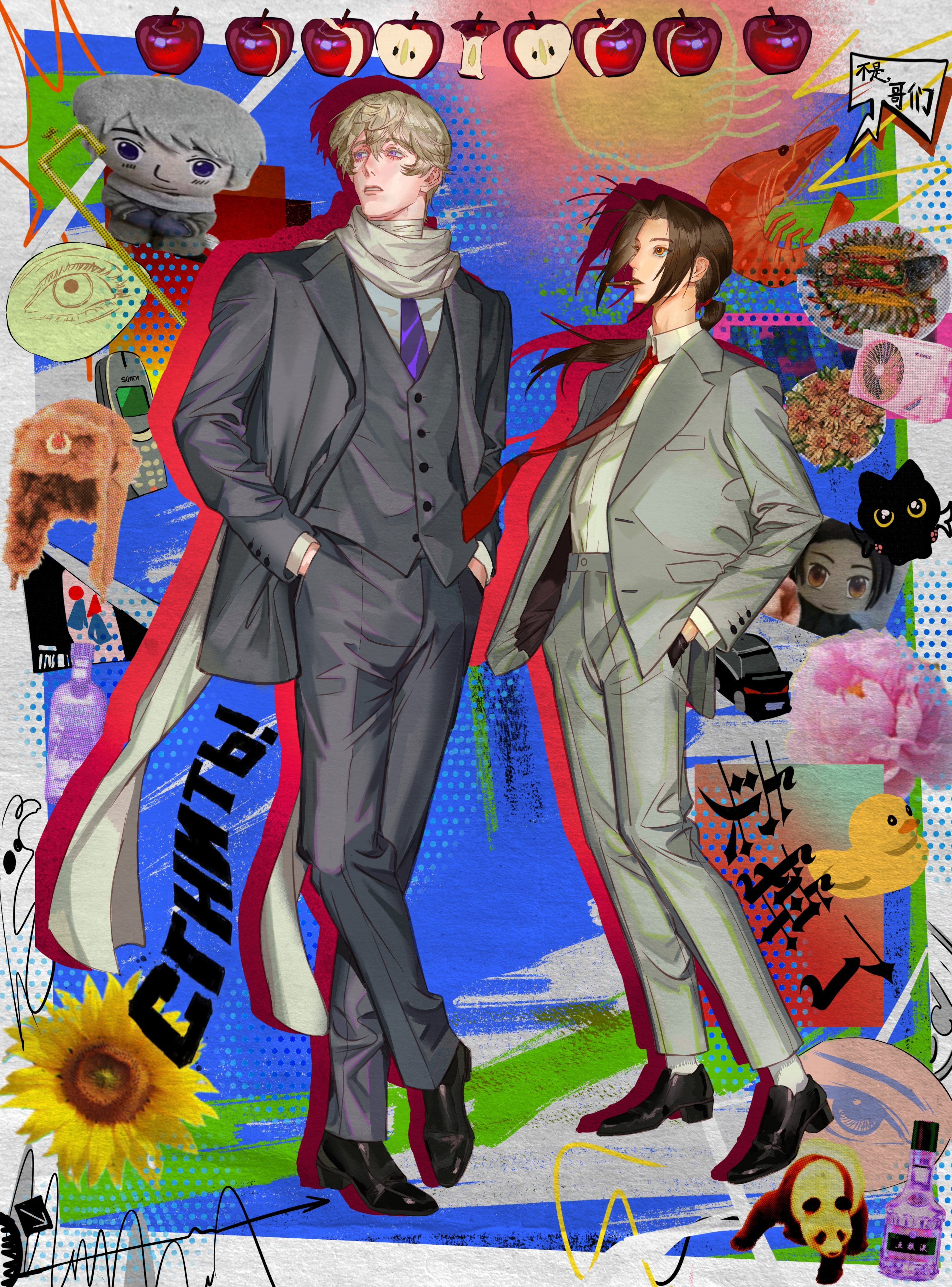 huijin lu, china (hetalia), russia (hetalia), absolut vodka, axis powers hetalia, absurdres, chinese commentary, commentary request, highres, 2boys, alcohol, animal, animal ears, animal nose, apple, bandaged neck, bandages, black shoes, blonde hair, blue background, border, bottle, brown eyes, brown hair, buttons, cellphone, character doll, chinese text, cigarette, crossed legs, doll, flip phone, floating hair, flower, food, formal clothes, fruit, full body, grey jacket, grey pants, grey vest, hair between eyes, hair ornament, hands in pockets, hat, hat ornament, jacket, lapels, lead pipe, lips, long hair, long sleeves, looking to the side, lotus, low ponytail, male focus, multiple boys, necktie, open clothes, open jacket, outside border, panda, panda ears, pants, phone, pink flower, plate, ponytail, purple eyes, red necktie, rubber duck, russian text, scarf, shadow, shirt, shoes, short hair, shrimp, sidelocks, smoking, speech bubble, standing, star (symbol), star hat ornament, suit, suit jacket, sunflower, teeth, ushanka, vest, vodka, white border, white scarf, white shirt, yellow flower