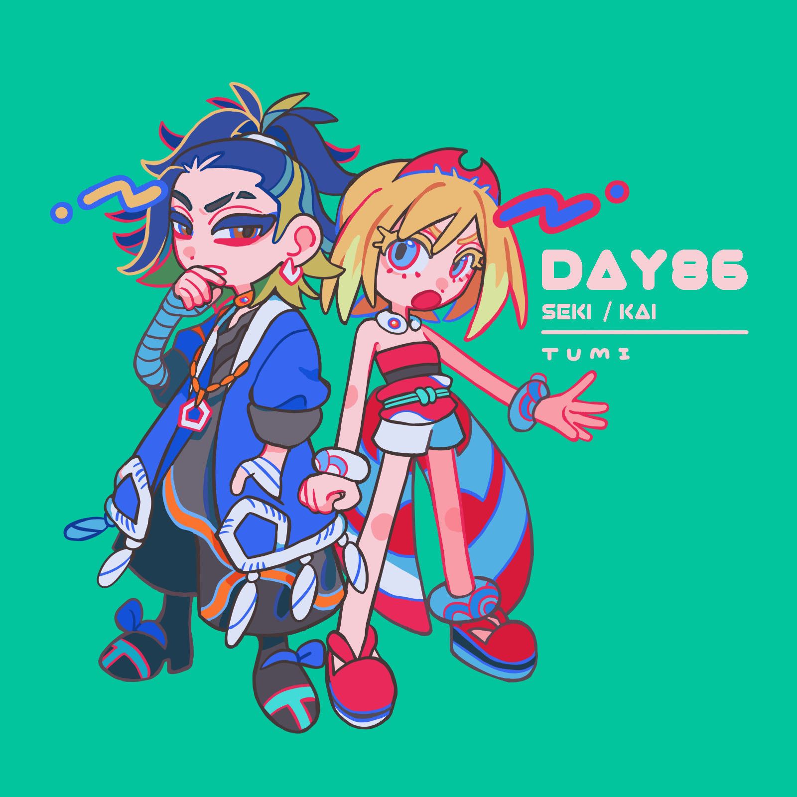 adaman (pokemon), irida (pokemon), nintendo, pokemon, pokemon legends: arceus, commentary request, highres, 1boy, 1girl, :o, anklet, aqua background, artist name, bandaged arm, bandaged hand, bandages, bare shoulders, black shoes, blonde hair, blue eyes, blue hair, blue jacket, bracelet, character name, dot nose, eyebrow cut, eyelashes, full body, hairband, hand in pocket, jacket, jep5e, jewelry, medium hair, multicolored hair, open clothes, open jacket, open mouth, red hairband, red shoes, red tube top, shoes, short hair, short shorts, shorts, simple background, standing, strapless, tube top, white shorts