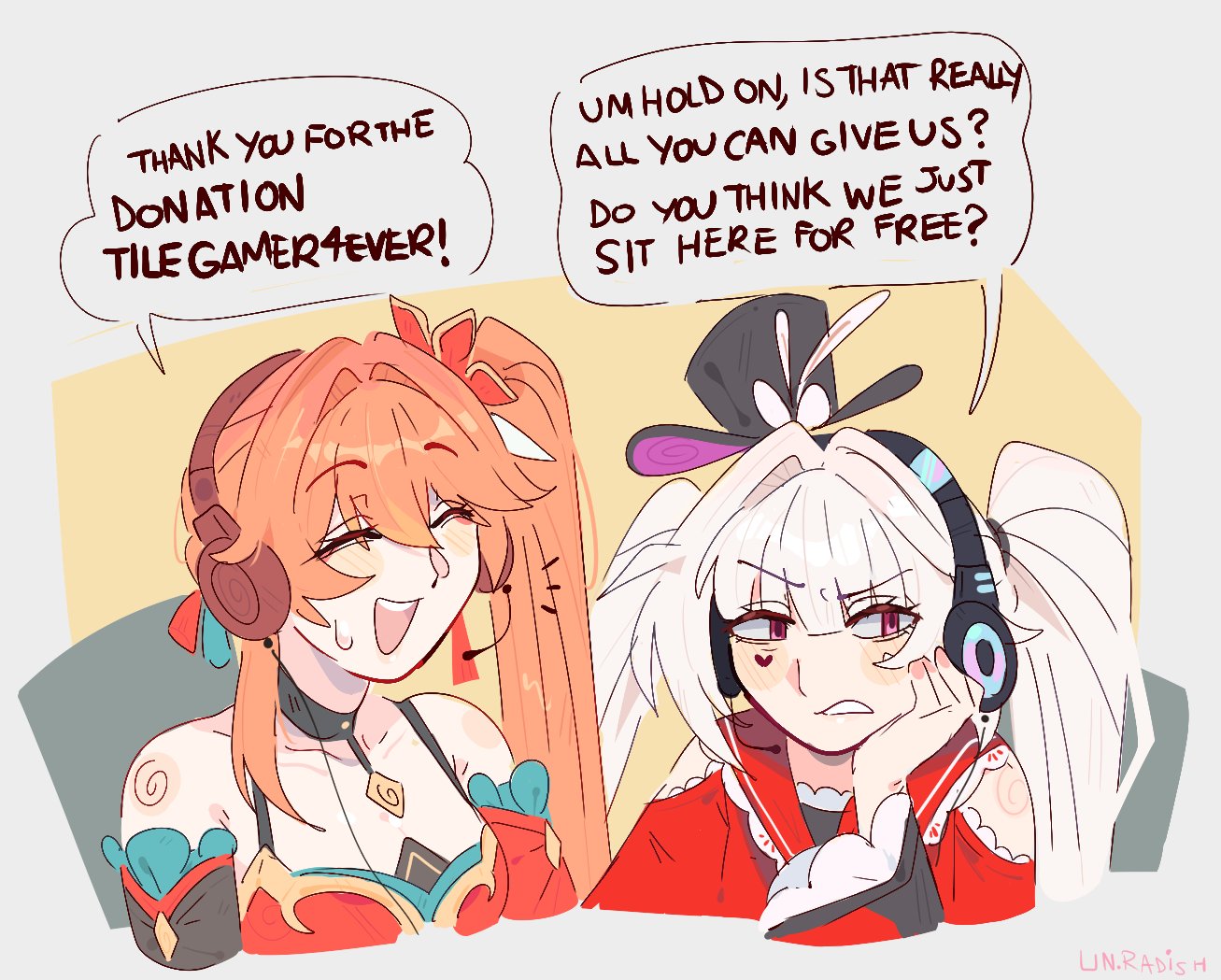 unfamousradish, guinaifen (honkai: star rail), sparkle (honkai: star rail), sparxie (honkai: star rail), honkai: star rail, honkai (series), commentary, english commentary, 2girls, :d, ^ ^, bare shoulders, black choker, black hat, choker, closed eyes, hat, mini hat, mini top hat, multiple girls, open mouth, orange hair, purple eyes, smile, top hat, twintails, upper body, white hair