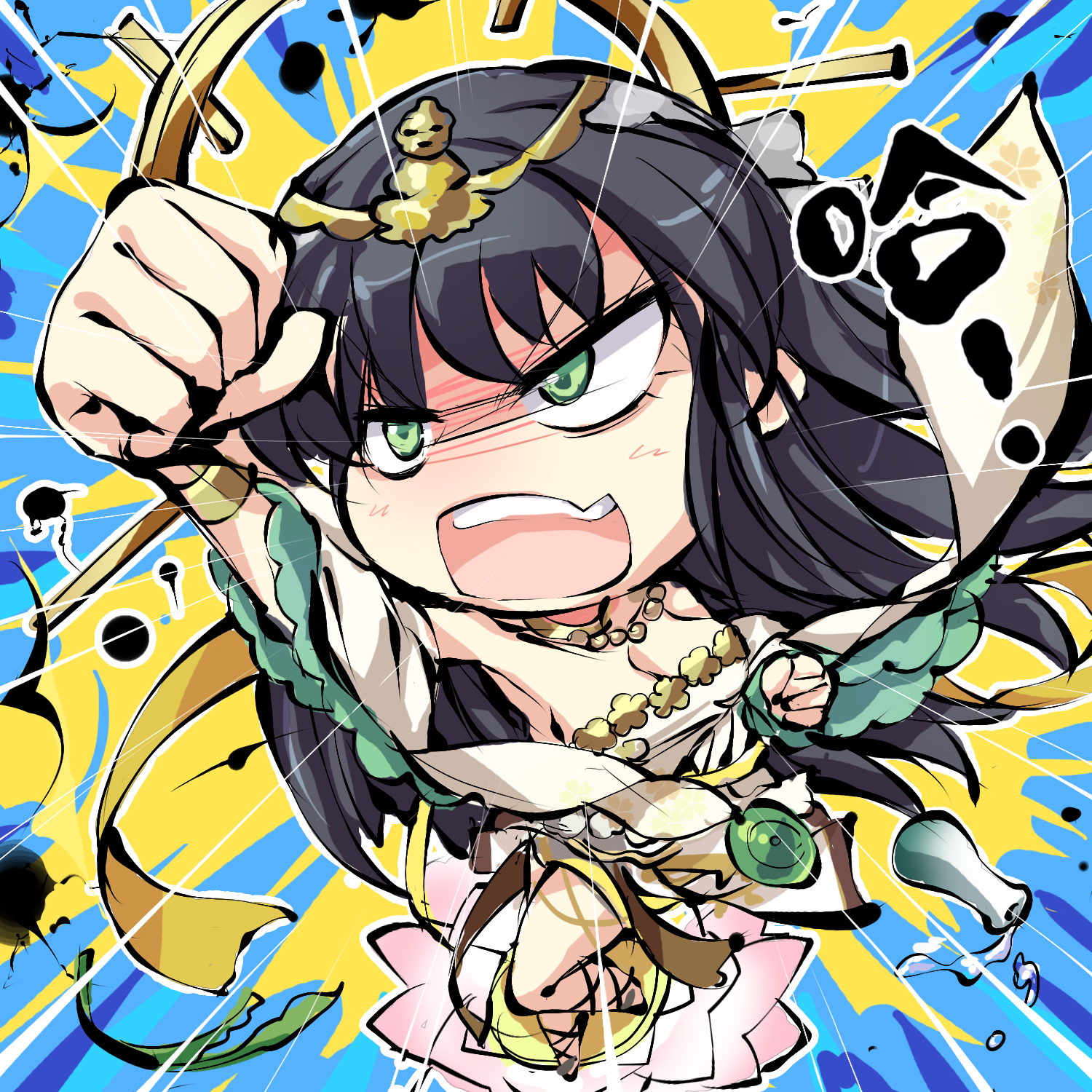 ms06s, character request, commentary request, highres, official art, 1girl, attack, bare shoulders, black hair, breasts, cleavage, clenched hands, collarbone, deformed, detached sleeves, dress, emphasis lines, flower, full body, green eyes, himegami kagura, jewelry, large breasts, long hair, necklace, open mouth, outstretched arm, pink flower, side slit, sleeveless, solo, standing, standing on one leg, teeth, thighs, tiara, upper teeth only, v-shaped eyebrows, white dress, wide sleeves, wristband