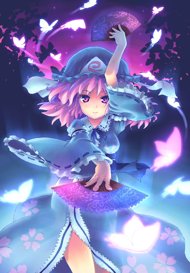 orita enpitsu, saigyouji yuyuko, touhou, 1girl, bug, butterfly, dancing, female focus, folding fan, glowing, goshoguruma, hand fan, hat, japanese clothes, looking at viewer, pink eyes, pink hair, saigyouji yuyuko's fan design, short hair, side slit, smile, solo