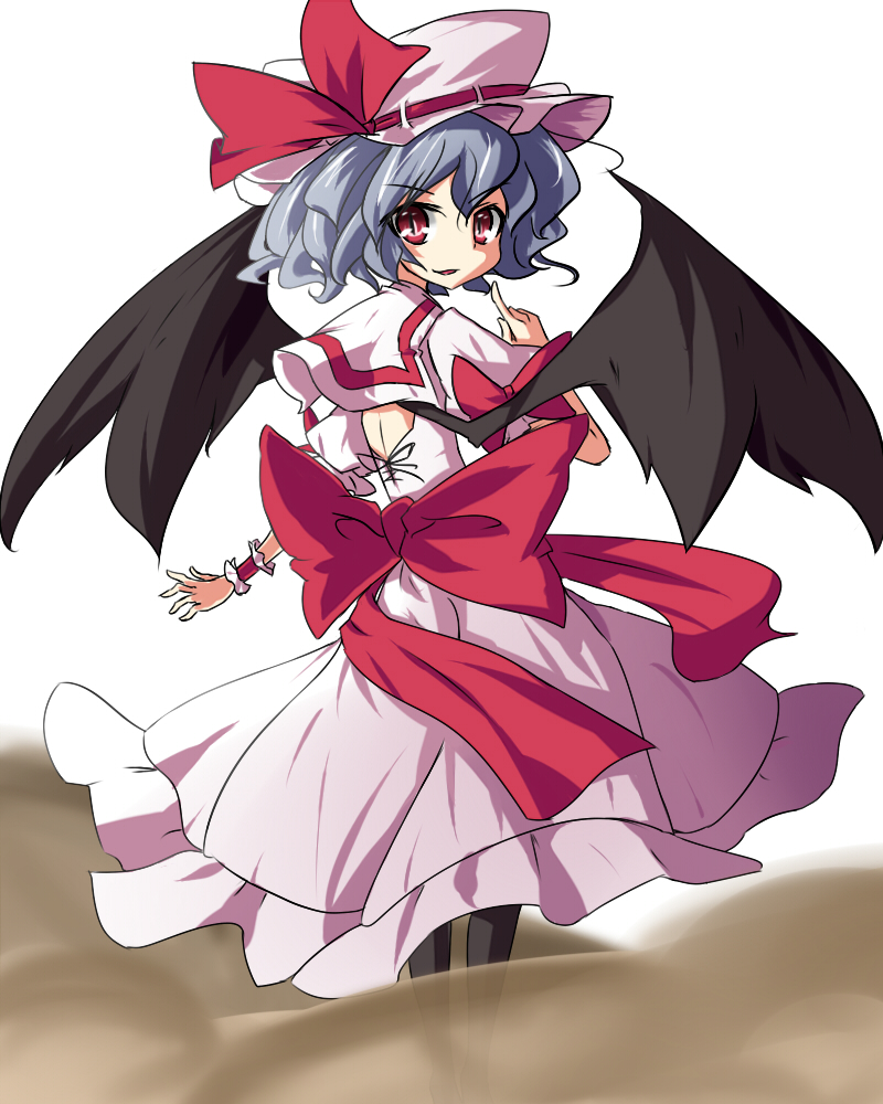 urimono, remilia scarlet, touhou, bad id, bad pixiv id, 1girl, back, bat wings, blue hair, female focus, hat, looking back, red eyes, ribbon, short hair, solo, white background, wings, wrist cuffs