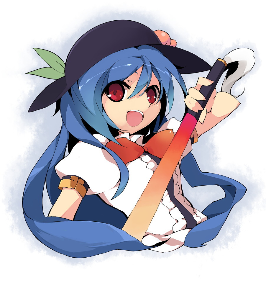 himuro shunsuke, hinanawi tenshi, touhou, bad id, bad pixiv id, 1girl, blue hair, female focus, food, fruit, gradient background, hat, long hair, peach, red eyes, ribbon, solo, sword, sword of hisou, weapon, white background