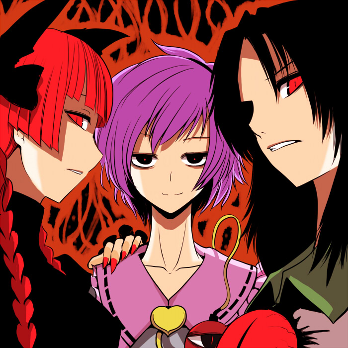 hane (hanegoya), kaenbyou rin, komeiji satori, reiuji utsuho, touhou, 3girls, black hair, braid, female focus, multiple girls, pink hair, portrait, red eyes, red hair, staring