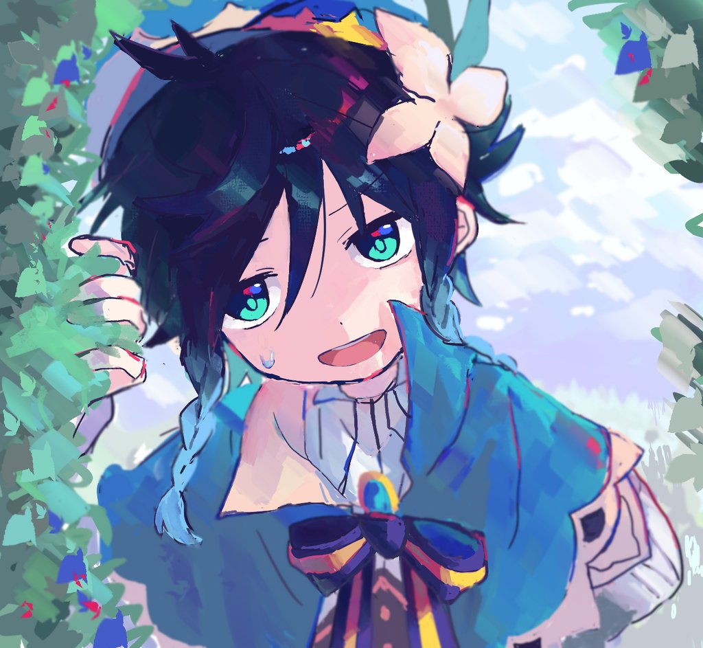 venti (genshin impact), genshin impact, blue gem, artist request, commentary request, 1boy, androgynous, aqua eyes, aqua pupils, arm behind back, ascot, beret, black bow, black bowtie, black hair, blue capelet, blue flower, blue hair, blue hat, blue sky, bow, bowtie, braid, bush, capelet, cloud, cloudy sky, collared capelet, collared shirt, day, flower, gem, gradient hair, hair between eyes, hair flower, hair ornament, half-closed eyes, hand up, hat, jewelry, leaf hair ornament, long sleeves, looking to the side, male focus, multicolored hair, open mouth, outdoors, pendant, shirt, short hair, sky, smile, solo, striped bow, striped bowtie, striped clothes, sweatdrop, teeth, tongue, twin braids, two-sided capelet, upper body, white ascot, white shirt, yellow capelet, yellow flower