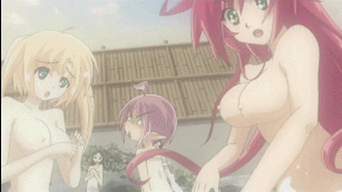 christina rey holden, garlet fey sowauge, noel, shina dark, shina dark: kuroki tsuki no ou to souheiki no himegimi, animated, animated gif, anime screenshot, lowres, 4girls, angry, blonde hair, breasts, large breasts, multiple girls, nipples, nude, onsen, punching, red hair, towel