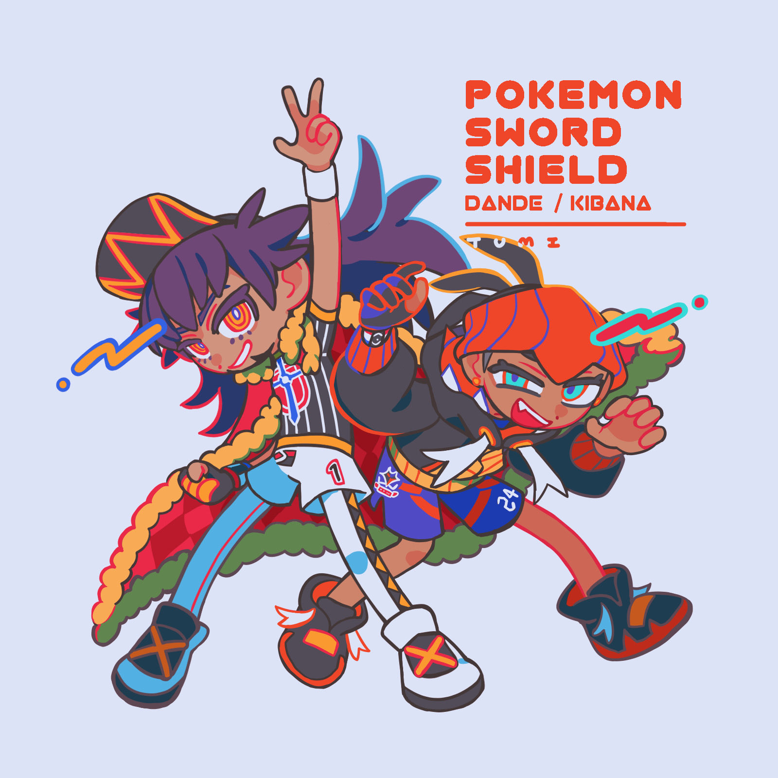 leon (pokemon), raihan (pokemon), nintendo, pokemon, pokemon swsh, commentary request, highres, 2boys, aqua eyes, arm up, artist name, black gloves, black hair, black hat, black hoodie, black shirt, black shoes, blue shorts, cape, champion uniform, character name, charizard pose, checkered cape, checkered clothes, claw pose, copyright name, dark-skinned female, dark skin, dot nose, eyelashes, fang, fur-trimmed cape, fur trim, gloves, grey background, hat, hood, hood down, hoodie, jep5e, long hair, long sleeves, male focus, mismatched facial hair, multiple boys, open mouth, orange hat, partially fingerless gloves, purple hair, red cape, ringed eyes, shirt, shoes, short hair, short sleeves, shorts, simple background, single glove, smile, teeth, upper teeth only, w, white shoes, white shorts, wristband, yellow eyes