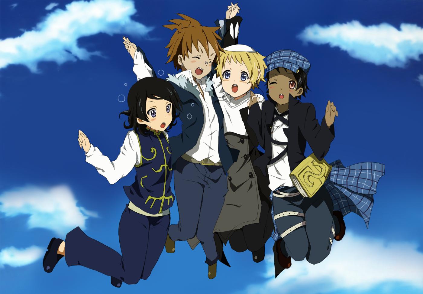 walice, giriko (soul eater), gopher (soul eater), justin law, noah (soul eater), k-on!, soul eater, plaid, 4boys, :d, :o, ;d, ^ ^, arms up, belt, black hair, blonde hair, blue eyes, blush, book, brown hair, buttons, chinese clothes, closed eyes, cloud, dark-skinned male, dark skin, day, everyone, falling, fur trim, hat, holding hands, jacket, male focus, multiple boys, one eye closed, open clothes, open jacket, open mouth, outdoors, pants, parody, pink eyes, round teeth, scared, shoes, sky, smile, spiked hair, sweatdrop, teeth, vest, wink