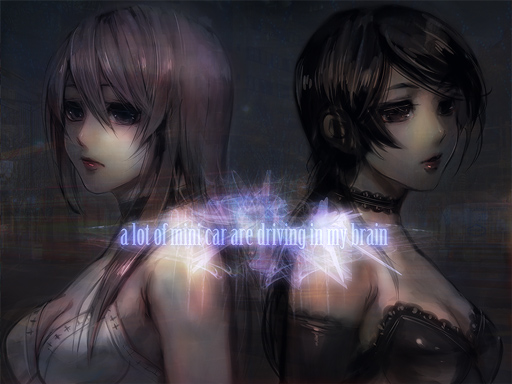 menou kururu, megurine luka, prima, vocaloid, 2girls, aqua eyes, back-to-back, black dress, black hair, brown eyes, dress, elbow gloves, english text, gloves, long hair, multiple girls, pink hair, ponytail, song name, white dress