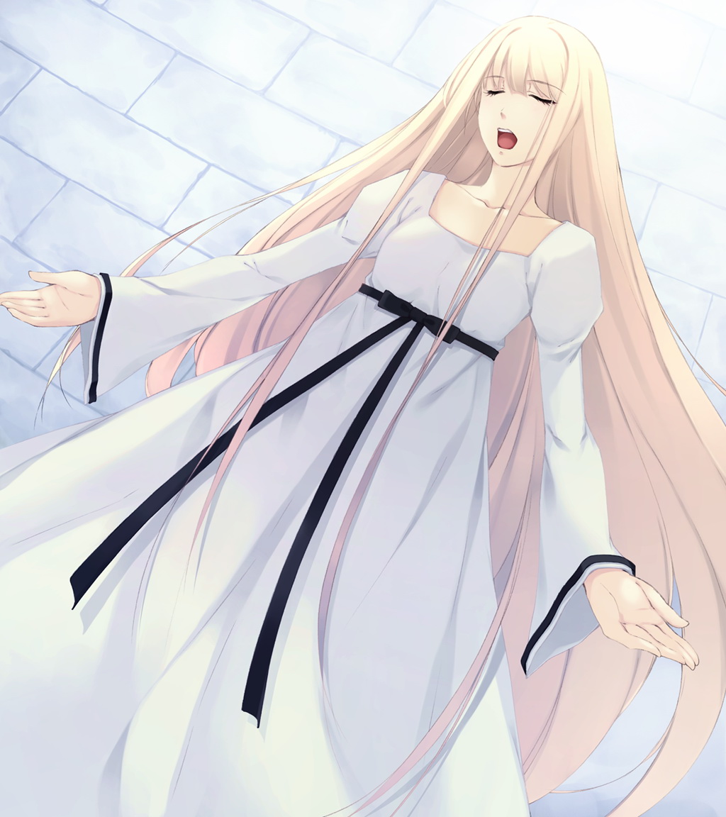 sugina miki, nanatsuki shion, caucasus, caucasus nanatsuki no nie, innocent grey, game cg, 1girl, blonde hair, closed eyes, female focus, flat chest, long hair, music, open mouth, ribbon, singing, solo, very long hair