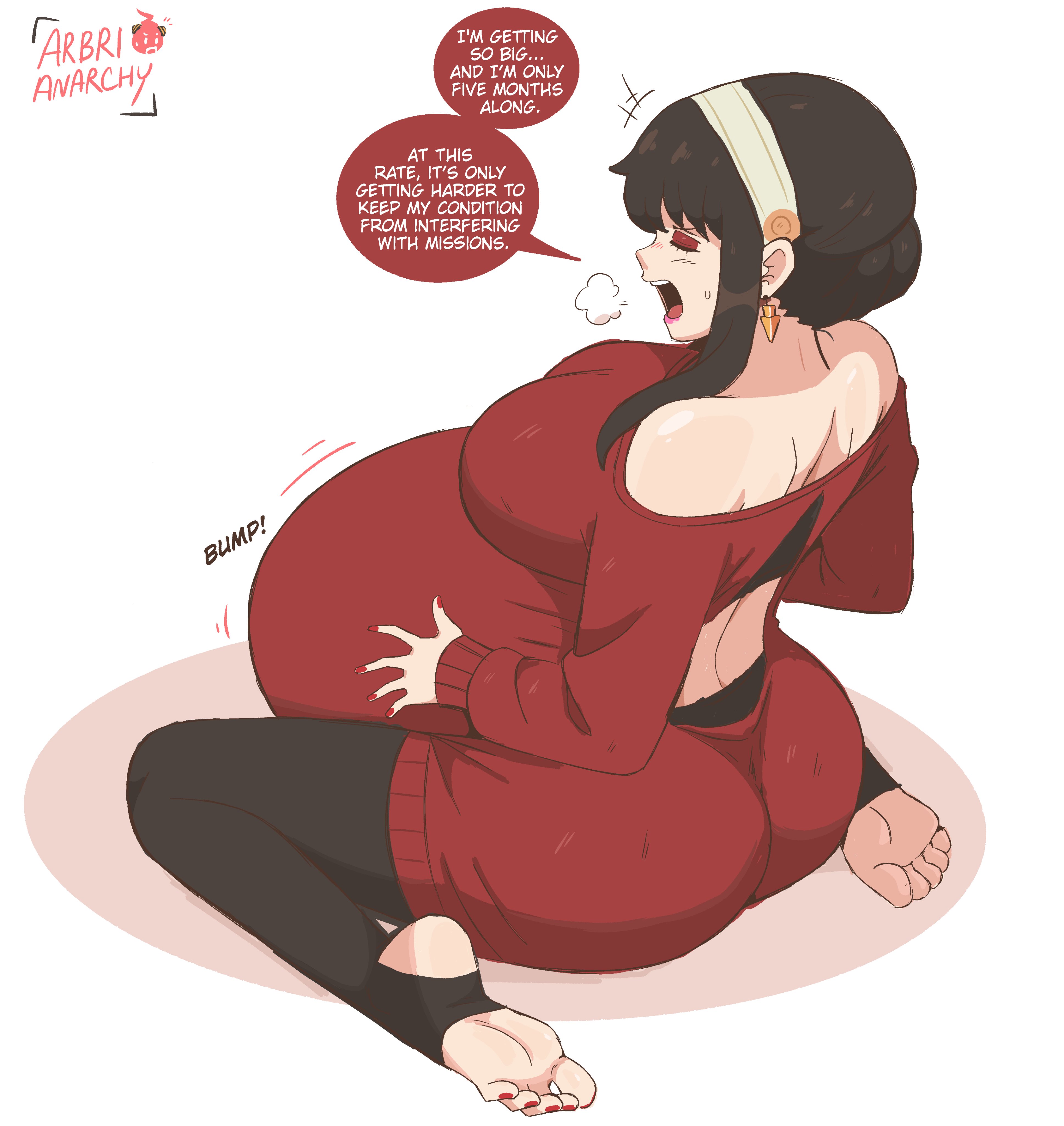 arbrianarchy, yor briar, spy x family, absurdres, highres, 1girl, ass, breasts, closed eyes, earrings, eyeshadow, female focus, from behind, full body, jewelry, kneeling, large breasts, lipstick, makeup, medium hair, nail polish, pregnant, solo, speech bubble, stirrup legwear, toeless legwear, toenail polish, toenails