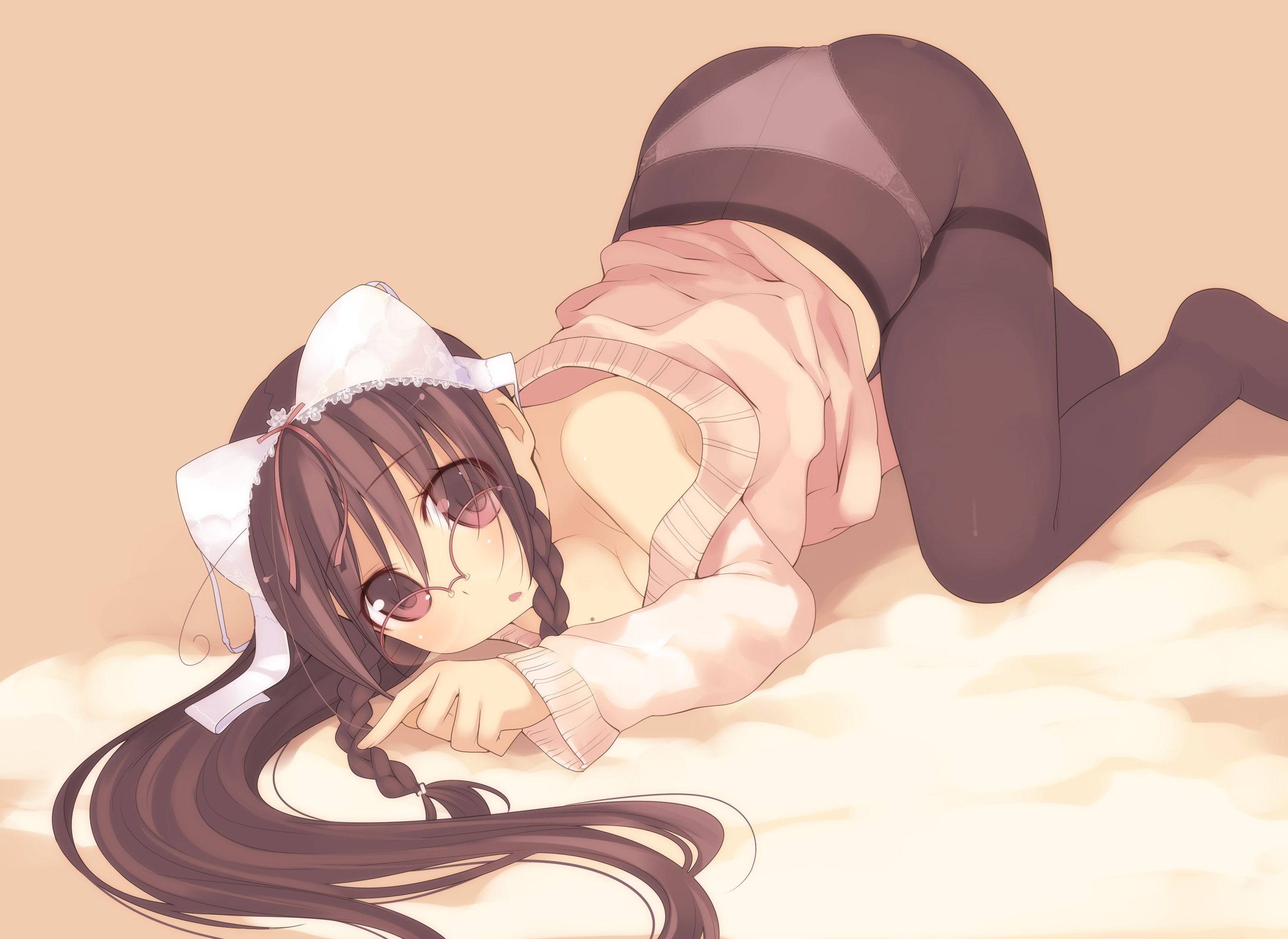 kashiwamochi yomogi, arima senne, original, highres, 1girl, ahoge, ass, bent over, bow, bow bra, bra, bra on head, braid, breasts, brown hair, cleavage, crotch seam, female focus, glasses, lace, lingerie, long hair, medium breasts, mole, mole on breast, object on head, panties, panties under pantyhose, pantyhose, red eyes, ribbon, solo, sweater, tareme, thighband pantyhose, thong, top-down bottom-up, twin braids, underwear, very long hair