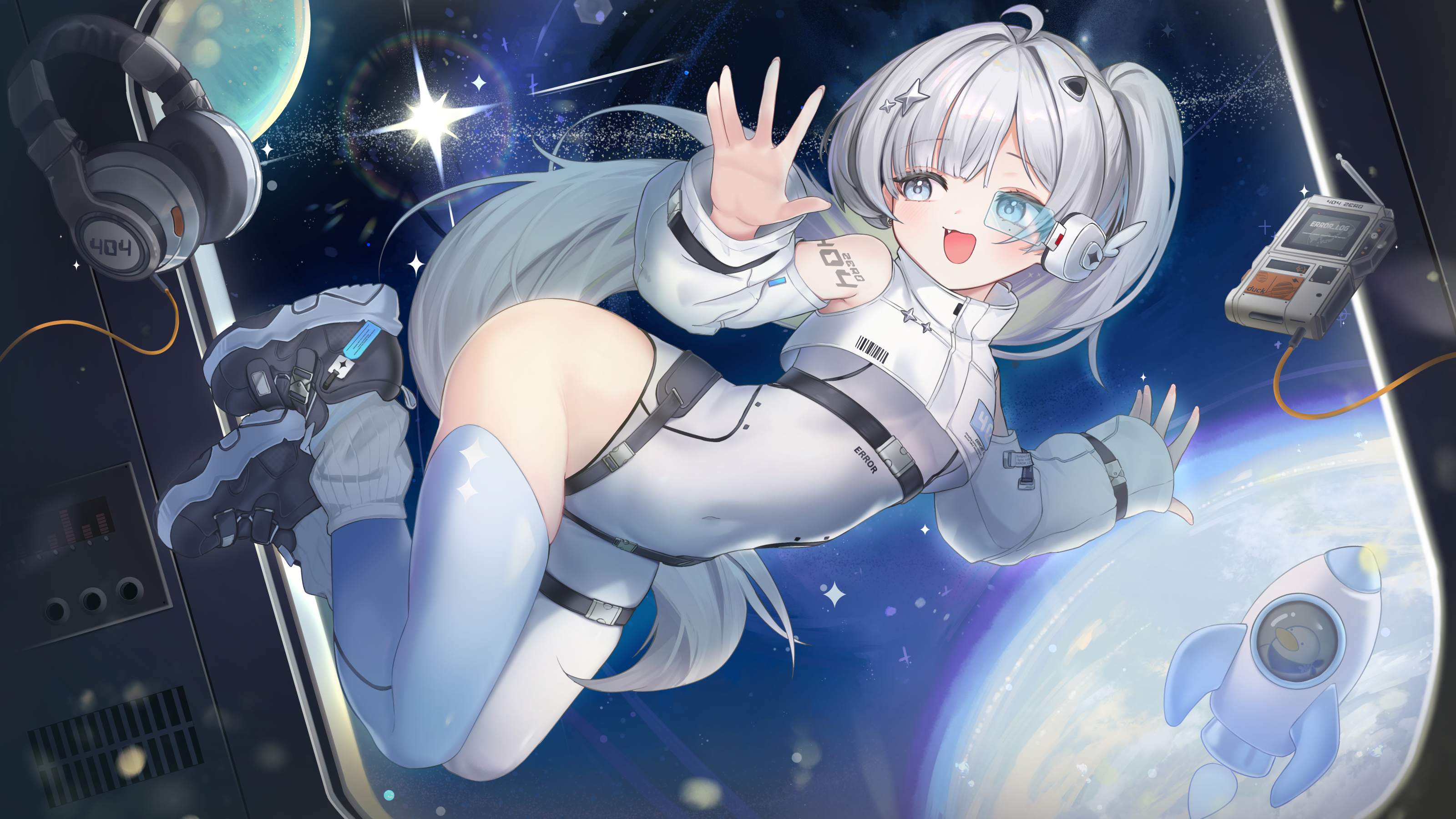 nanana narang, absurdres, commentary request, copyright request, highres, 1girl, :d, ahoge, animal, bare shoulders, bird, black shoes, blue thighhighs, bodysuit, covered navel, cropped jacket, detached sleeves, duck, fang, full body, grey bodysuit, grey eyes, grey hair, hair intakes, hair ornament, headphones, headphones removed, headset, jacket, long hair, long sleeves, looking back, loose socks, open mouth, planet, ponytail, puffy long sleeves, puffy sleeves, ribbed socks, rocket launcher, scouter, shoes, single leg bodysuit, single leg pantyhose, sleeveless, sleeveless jacket, smile, socks, solo, space, thighhighs, very long hair, virtual youtuber, weapon, white jacket, white sleeves, white socks