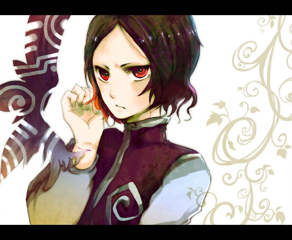 fujiya izuko, gopher (soul eater), soul eater, bad id, bad pixiv id, 00s, 1boy, androgynous, black hair, fingernails, letterboxed, male focus, red eyes, shirt, simple background, solo, vest, white shirt, wings