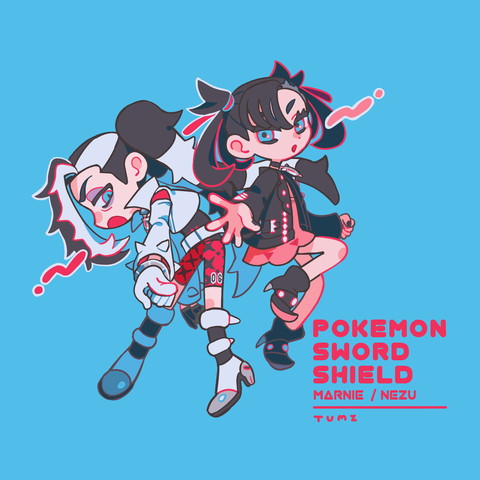 marnie (pokemon), piers (pokemon), nintendo, pokemon, pokemon swsh, commentary request, highres, 1boy, 1girl, aqua background, aqua eyes, artist name, asymmetrical bangs, bags under eyes, black boots, black choker, black hair, black jacket, black nails, boots, brother and sister, character name, choker, clenched hand, copyright name, dot nose, dress, eyelashes, fingernails, hair ribbon, high heel boots, high heels, jacket, jep5e, long hair, long sleeves, multicolored hair, nail polish, open clothes, open jacket, open mouth, pink dress, red ribbon, red shorts, ribbon, shoes, shorts, siblings, simple background, twintails, two-tone hair, undercut, white hair, white jacket, white shoes