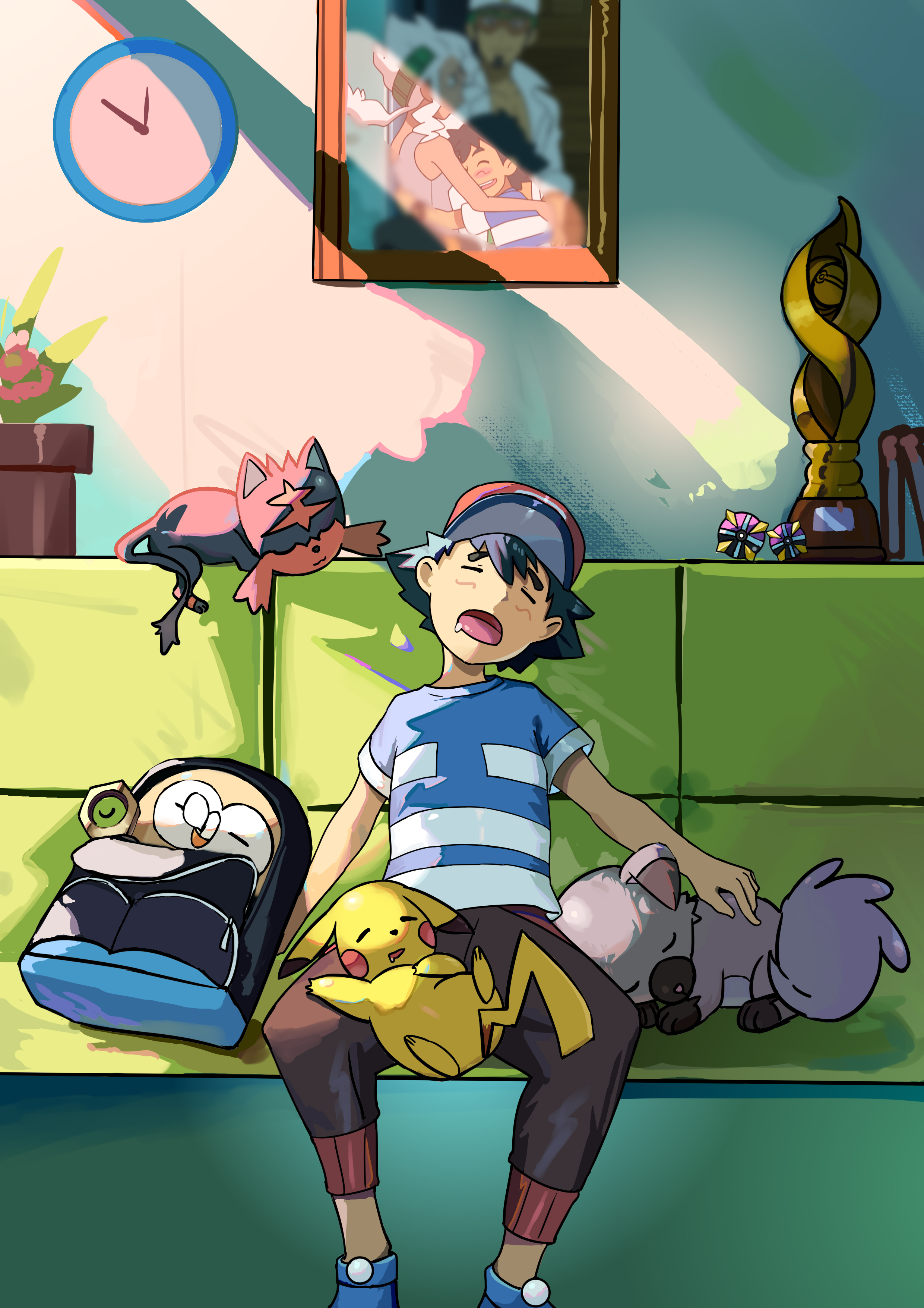 ash ketchum, litten, pikachu, professor burnet, professor kukui, rockruff, rowlet, nintendo, pokemon, pokemon (anime), pokemon journeys, absurdres, highres, 1boy, baby animal, bag, baseball cap, beak, beast ball, bird, black fur, black hair, brown fur, capri pants, cat, clock, closed eyes, couch, dog, drooling, gen 1 pokemon, gen 7 pokemon, hat, holding, holding pokemon, in bag, in container, male focus, muco, on couch, on lap, open mouth, owl, pants, photo (object), picture frame, plant, poke ball, pokemon (creature), pokemon on lap, potted plant, puppy, red fur, red hat, shirt, shoes, short hair, sleeping, sleeping together, striped clothes, striped shirt, sunlight, t-shirt, trophy, two-tone fur, wall clock, white fur, yellow fur
