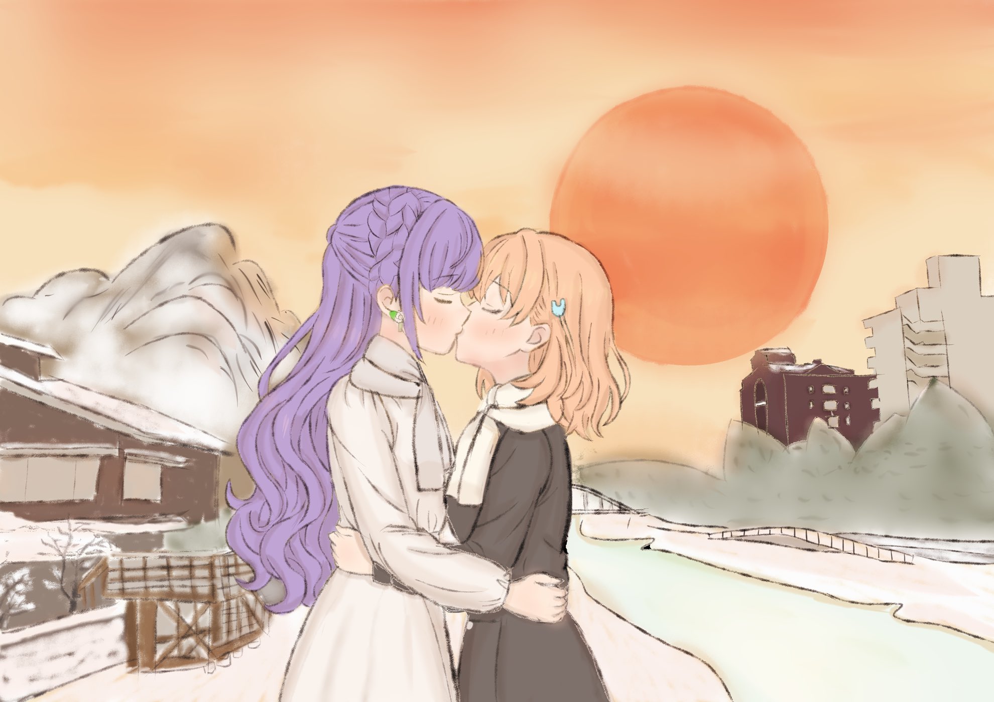 teacup 217, hinoshita kaho, otomune kozue, otomune kozue (post-graduation), link! like! love live!, love live!, commentary, highres, 2girls, black coat, blush, braid, cerise bouquet, closed eyes, closed mouth, coat, cowboy shot, crown braid, earrings, flower earrings, hands on another's hips, jewelry, kiss, long hair, multiple girls, orange sky, outdoors, purple hair, scarf, sidelocks, sky, sun, sunset, u u, virtual youtuber, white coat, white scarf, yuri