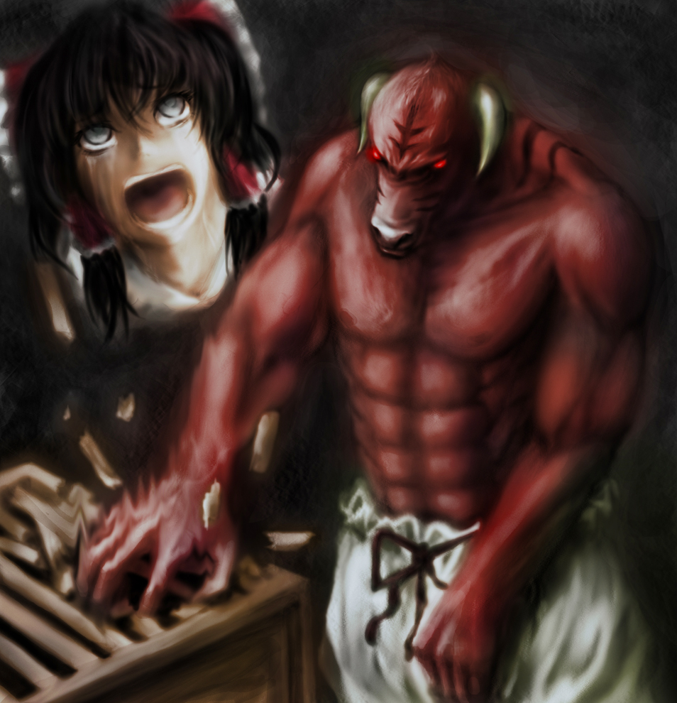 aduman, ganmen2525, hakurei reimu, touhou, bad id, 1boy, 1girl, box, donation box, glowing, glowing eyes, horns, minotaur, muscular, red eyes, tears, what