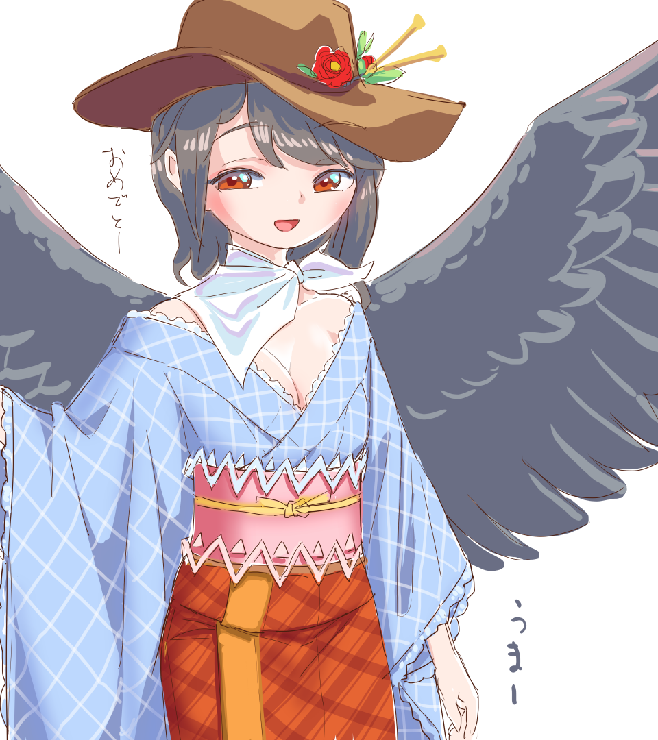 s-a-murai, kurokoma saki, touhou, commentary request, translation request, 1girl, adapted costume, black hair, black wings, blue kimono, breasts, brown hat, cleavage, cowboy hat, feathered wings, flower, hat, hat flower, japanese clothes, kimono, long hair, looking at viewer, new year, obi, open mouth, red eyes, sash, simple background, smile, solo, white background, wings