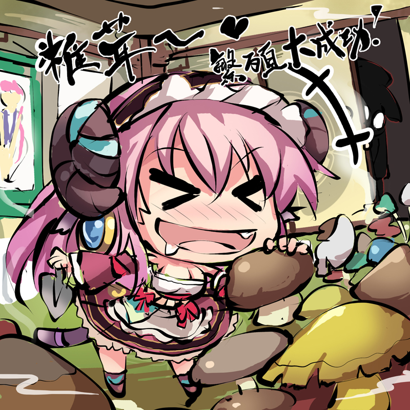 ms06s, commentary request, official art, > <, +++, 1girl, :d, apron, bare shoulders, blush, boots, breasts, brown boots, ceiling, chibi, chibi only, cleavage, curled horns, detached sleeves, dress, eating, fang, full body, fusuma, hair between eyes, hairband, himegami kagura, holding, holding mushroom, horns, indoors, large breasts, long hair, long sidelocks, mushroom, open mouth, outstretched arm, peeking, sheep girl, sheep horns, short dress, sidelocks, sleeveless, sliding doors, smile, solo, standing, strapless, strapless dress, tail, teeth, toutetsu (himegami kagura), white apron, wide sleeves