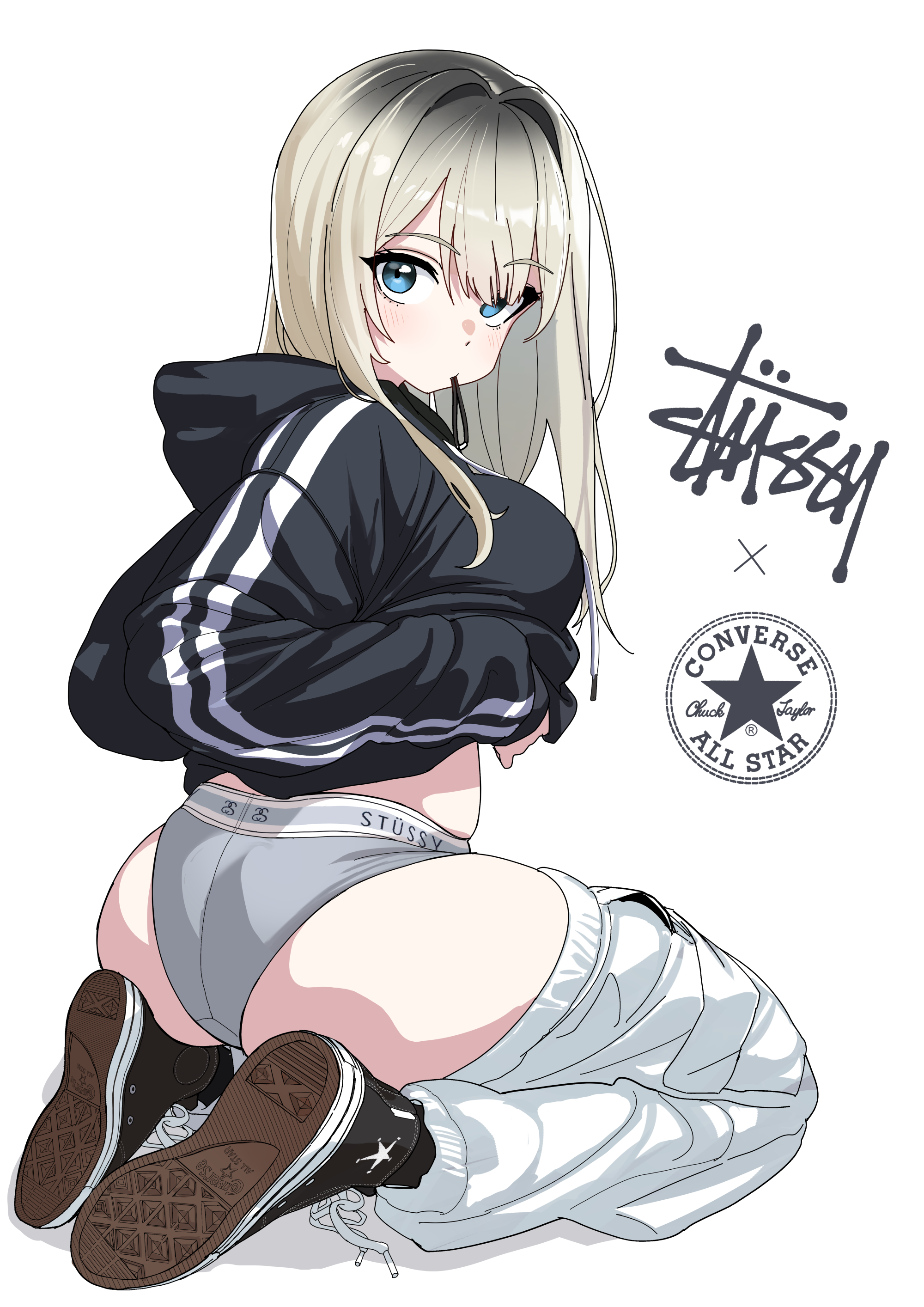 bypos, converse, original, absurdres, highres, 1girl, ass, black hair, black hoodie, blonde hair, blue eyes, clothes pull, clothes writing, from behind, full body, gradient hair, grey panties, hair intakes, haru-chan (hei taiyou), hood, hood down, hoodie, kneeling, long hair, looking at viewer, looking back, mouth hold, multicolored hair, panties, pants, pants pull, roots (hair), shoes, simple background, sneakers, solo, sports panties, two-tone hair, underwear, underwear writing, white background