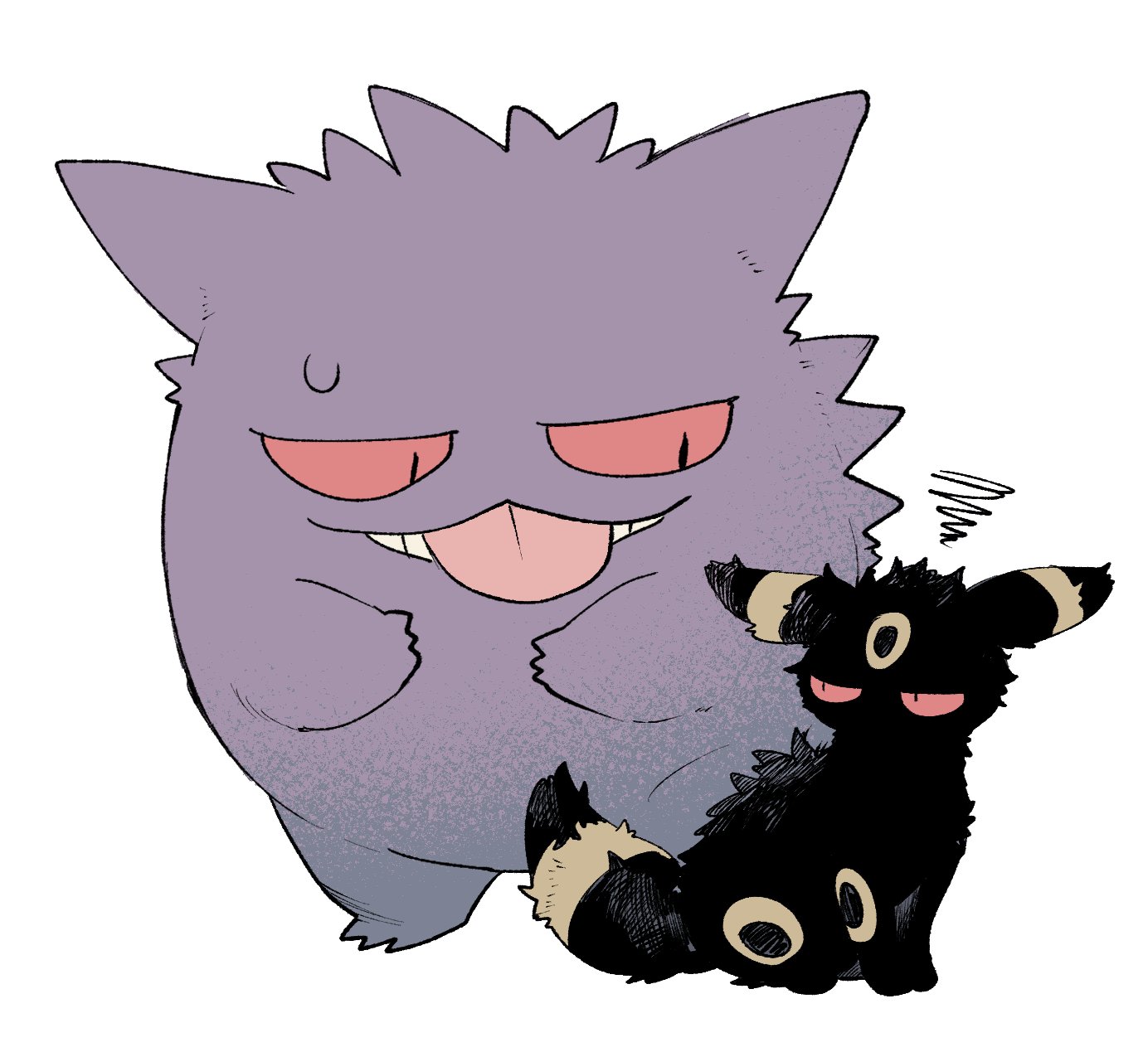 newo (shinra-p), gengar, umbreon, nintendo, pokemon, highres, :3, :p, annoyed, black fur, facial mark, forehead mark, gen 1 pokemon, gen 2 pokemon, ghost, looking at another, no humans, pokemon (creature), pokemon focus, red eyes, simple background, sitting, standing, sweatdrop, tongue, tongue out, yellow fur