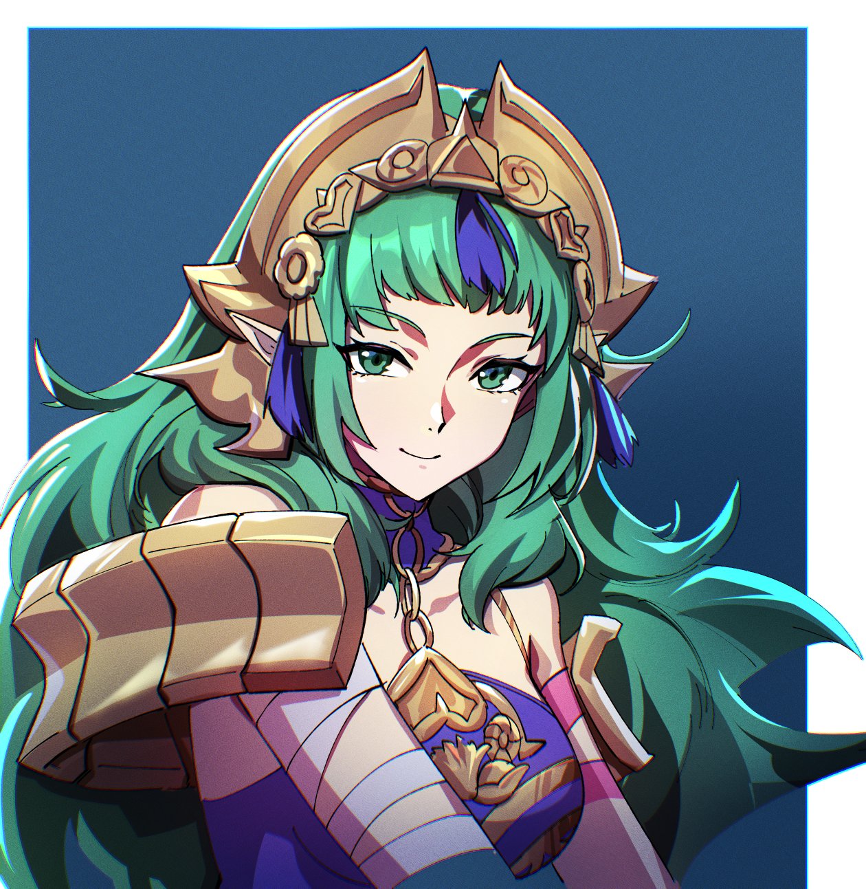 bikini boody, sothis (adult) (fire emblem), sothis (fire emblem), fire emblem, fire emblem: fortune's weave, nintendo, commentary, english commentary, highres, 1girl, breasts, closed mouth, collarbone, dress, green eyes, green hair, hair ornament, headpiece, large breasts, long hair, looking at viewer, pointy ears, purple dress, smile, solo, tassel, tassel hair ornament, tiara, upper body