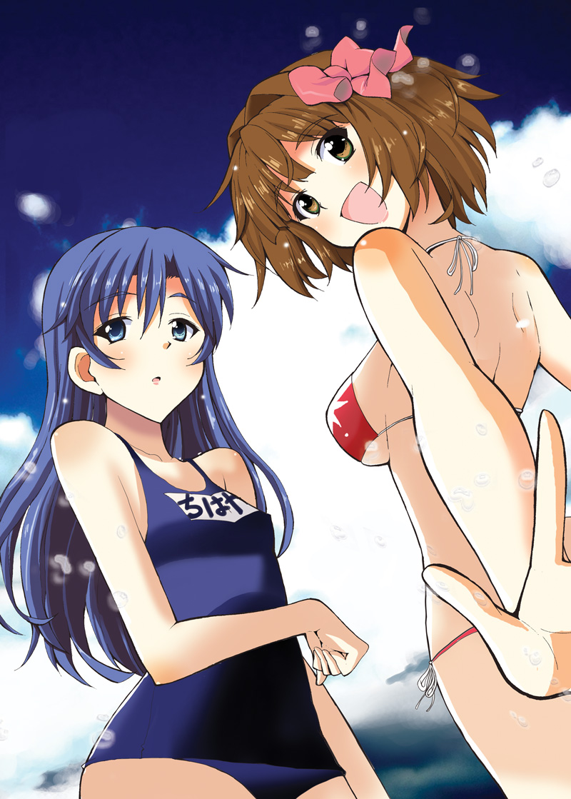 kazuchi, amami haruka, kisaragi chihaya, idolmaster, idolmaster (classic), 00s, 2girls, bikini, blue eyes, blue hair, breasts, brown eyes, brown hair, from below, long hair, looking back, medium breasts, multiple girls, one-piece swimsuit, perspective, school swimsuit, short hair, side-tie bikini bottom, small breasts, string bikini, swimsuit, underboob