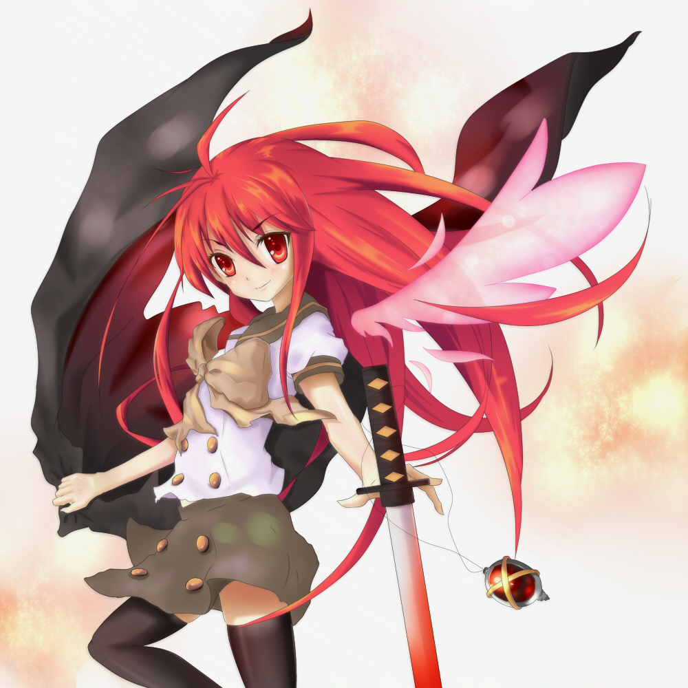 wafoo, alastor (shakugan no shana), shana, shakugan no shana, 00s, 1girl, coat, female focus, jewelry, long hair, necklace, pendant, red eyes, red hair, solo, sword, thighhighs, weapon, wings