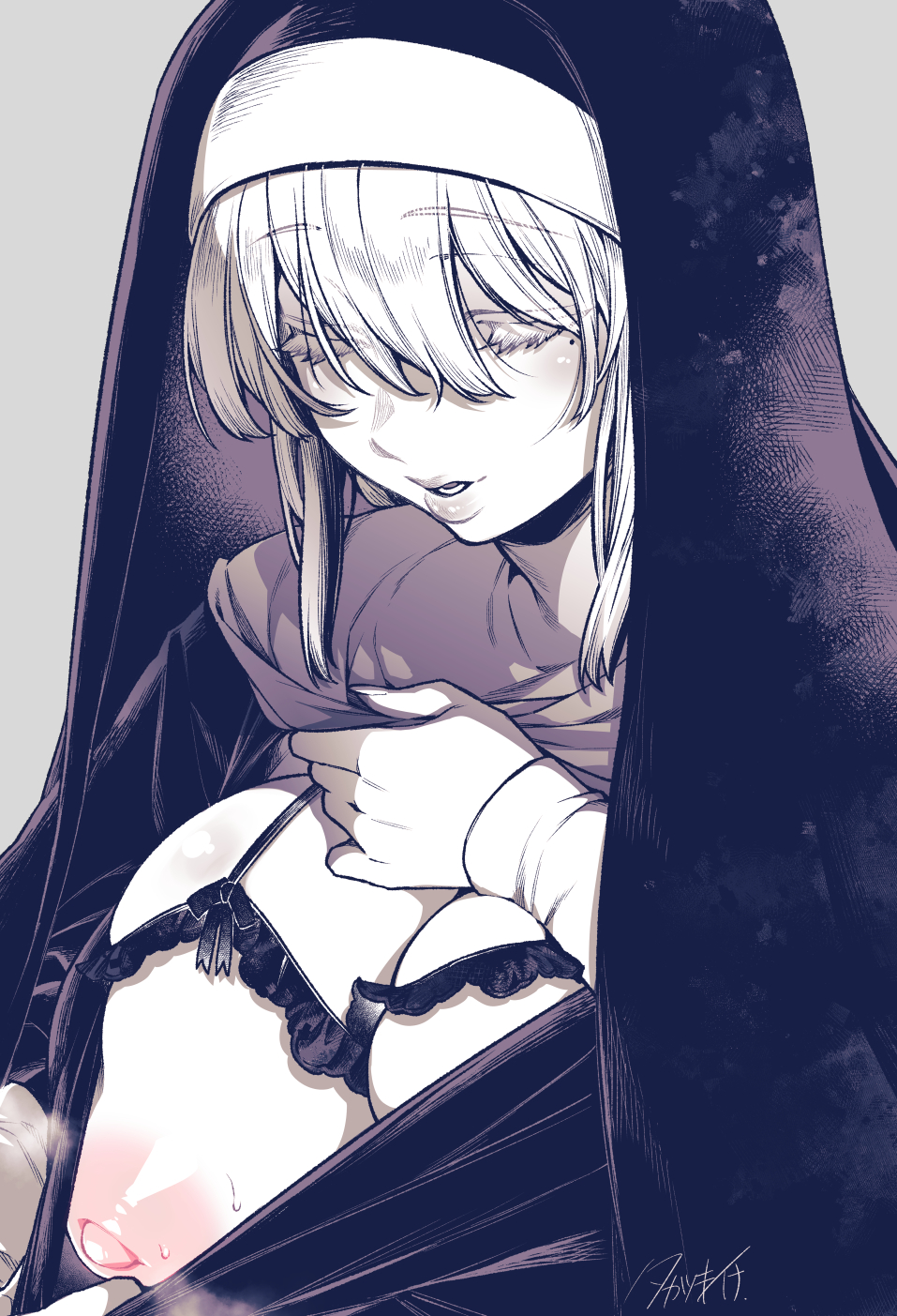 takatsuki ichi, original, highres, 1girl, black dress, black veil, blush, bra, breasts, cleavage, closed eyes, clothes pull, cupless bra, dress, dress pull, grey background, inverted nipples, large breasts, long hair, long sleeves, mole, mole under eye, monochrome, nun, nun headdress, simple background, solo, underwear, upper body, veil, white hair