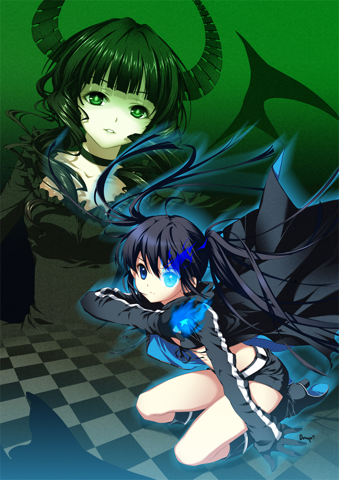 shirahane nao, black rock shooter (character), dead master, black rock shooter, bad id, bad pixiv id, 10s, 2girls, boots, cape, choker, horns, legs, long hair, multiple girls, shorts, thigh boots, thighhighs, wings