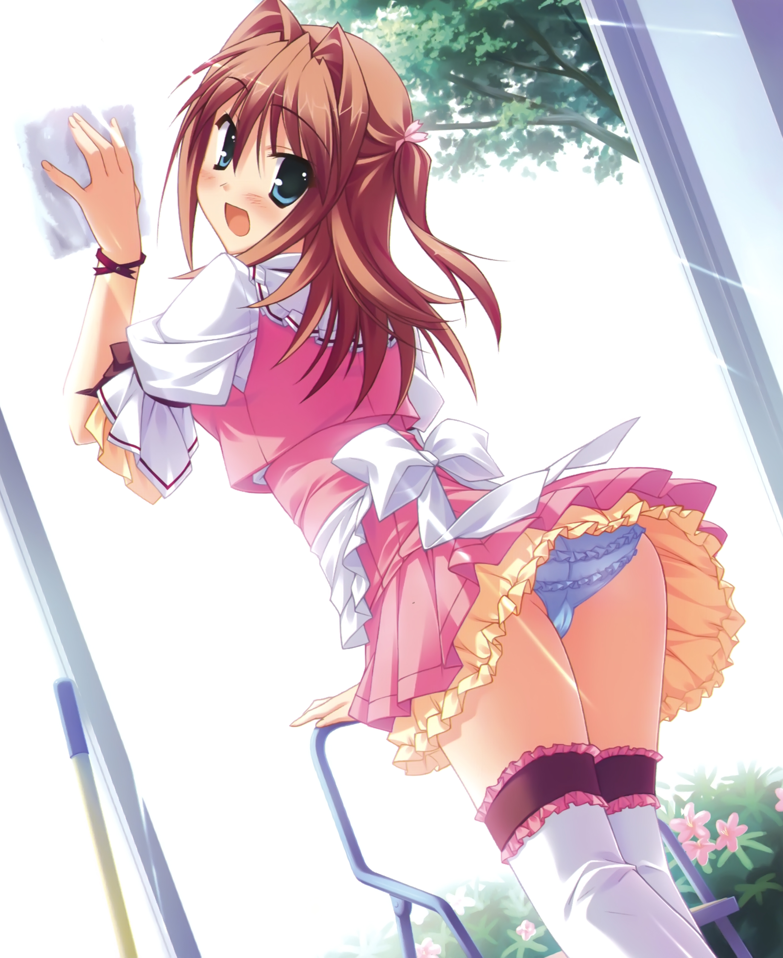 hinata mutsuki, mitha, absurdres, highres, 1girl, ass, blush, brown hair, female focus, frilled thighhighs, frills, open mouth, panties, short hair, solo, thighhighs, underwear, white thighhighs