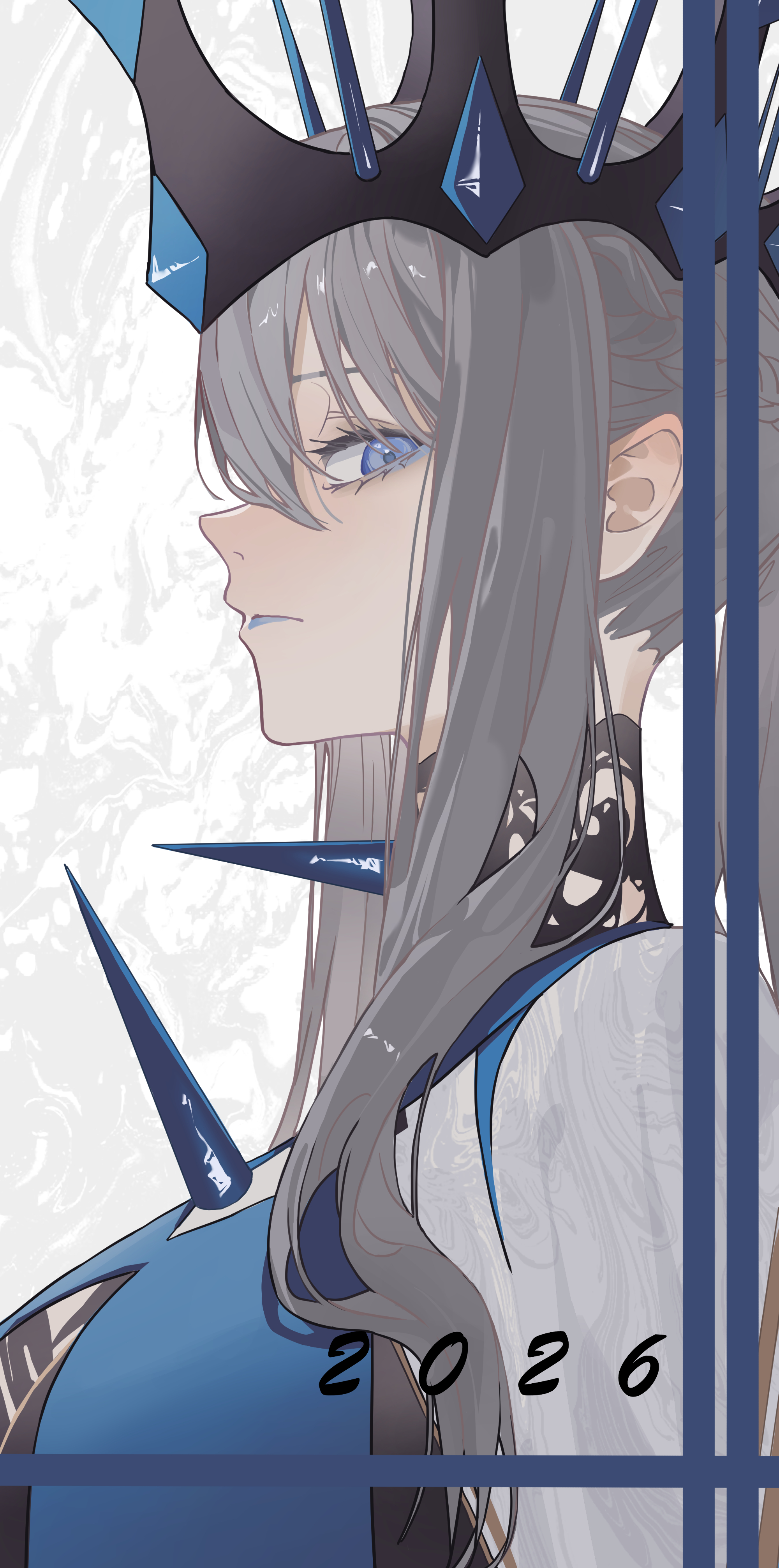 rong kui baku, morgan le fay (fate), morgan le fay (queen of winter) (fate), fate/grand order, fate (series), absurdres, highres, 1girl, blue eyes, blue lips, breasts, crown, dress, grey hair, large breasts, long hair, long sleeves, looking at viewer, sidelocks, solo, two-tone dress, veil