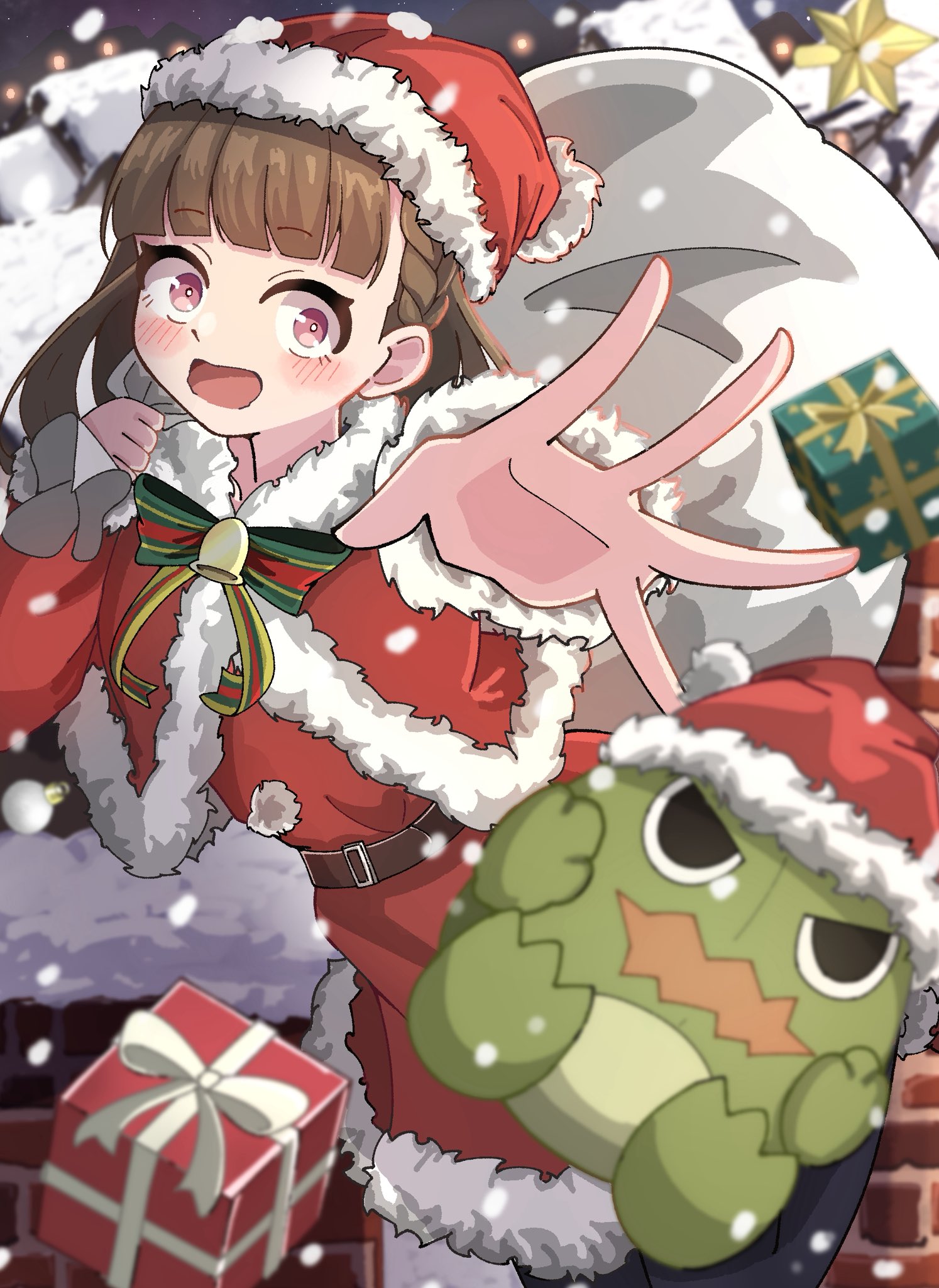 tange murasaki, gonzales (love live!), kachimachi kosuzu, link! like! love live!, love live!, commentary request, highres, 1girl, alternate costume, black pantyhose, blurry, blurry background, bow, box, capelet, clumsy, dress, dropping, fur-trimmed capelet, fur-trimmed dress, fur trim, gift, gift box, green bow, holding, holding sack, open hand, open mouth, outstretched arm, pantyhose, pink eyes, reaching, red capelet, red dress, sack, sack behind back, santa costume, santa dress, secret christmas (love live!), solo, tree-topper, virtual youtuber, wide-eyed