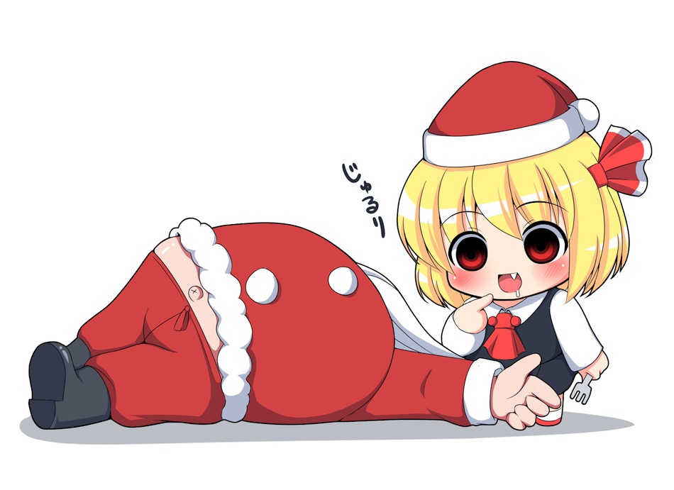 kyokutou hentai samurai, rumia, santa claus, embodiment of scarlet devil, touhou, bad id, bad pixiv id, translated, 1boy, 1girl, blonde hair, chibi, christmas, empty eyes, fang, fork, hat, navel, red eyes, saliva