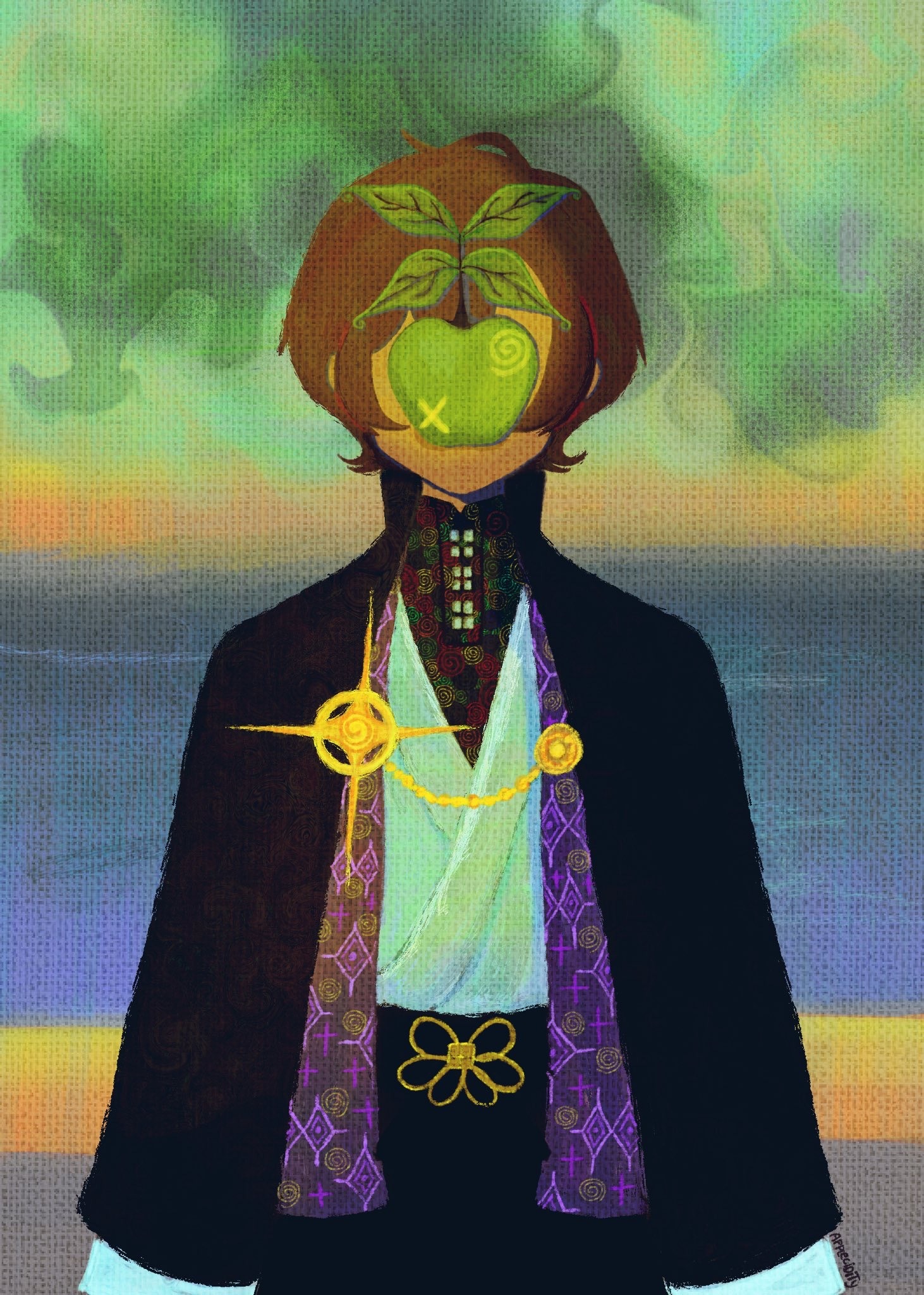 yumeno gentaro, hypnosis mic, the son of man (magritte), commentary, english commentary, highres, 1boy, ahoge, apple, applecidity, beach, black hakama, black jacket, black shirt, brown hair, canvas texture, covered face, facing viewer, fine art parody, food, fruit, green apple, hakama, high collar, jacket, japanese clothes, kimono, long sleeves, male focus, mandarin collar, ocean, outdoors, parody, shirt, short hair, sky, solo, spiral print, standing, straight-on, upper body, white kimono