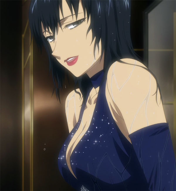 alphard (canaan), 428, 428: fuusa sareta shibuya de, canaan (series), chunsoft, anime screenshot, 1girl, black hair, breasts, cleavage, dress, female focus, large breasts, lipstick, looking at viewer, makeup, solo