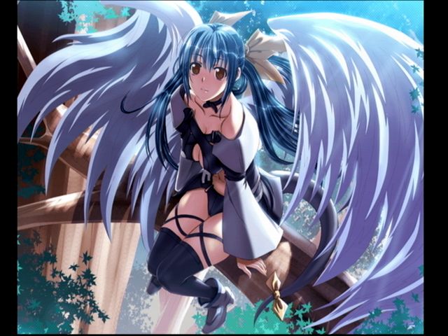dizzy (guilty gear), arc system works, guilty gear, guilty gear x, guilty gear xx, official art, 1girl, asymmetrical wings, blue hair, boots, female focus, hair ribbon, red eyes, ribbon, sitting, solo, tail, tail ornament, tail ribbon, thighhighs, tree, wings