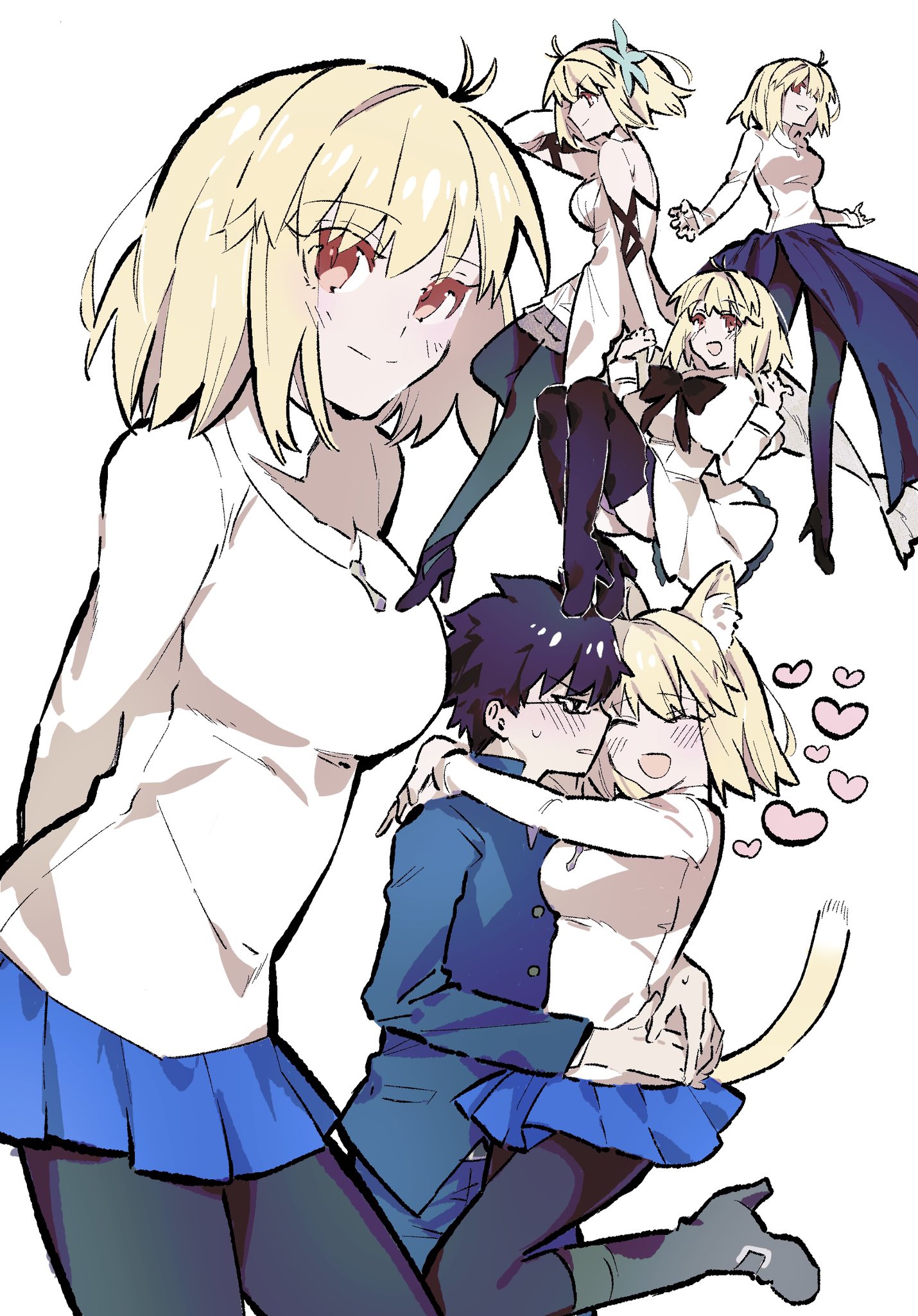 numuhe, arcueid brunestud, red arcueid, tohno shiki, tsukihime, tsukihime (remake), highres, 1boy, 1girl, ahoge, animal ear fluff, animal ears, arcueid brunestud (clad in glacier), arms at sides, arms behind back, ass, bare shoulders, black pantyhose, black ribbon, blonde hair, blue skirt, blush, boots, breasts, capelet, cat ears, cat girl, cat tail, colored eyelashes, couple, dress, elbow gloves, floating clothes, floating hair, flower, glasses, gloves, hair flower, hair intakes, hair ornament, high heels, hug, jewelry, leaning forward, miniskirt, necklace, official alternate costume, pantyhose, purple skirt, red eyes, ribbon, school uniform, short hair, side slit, skirt, smile, souya high school uniform, sweat, tail, thigh boots, white dress