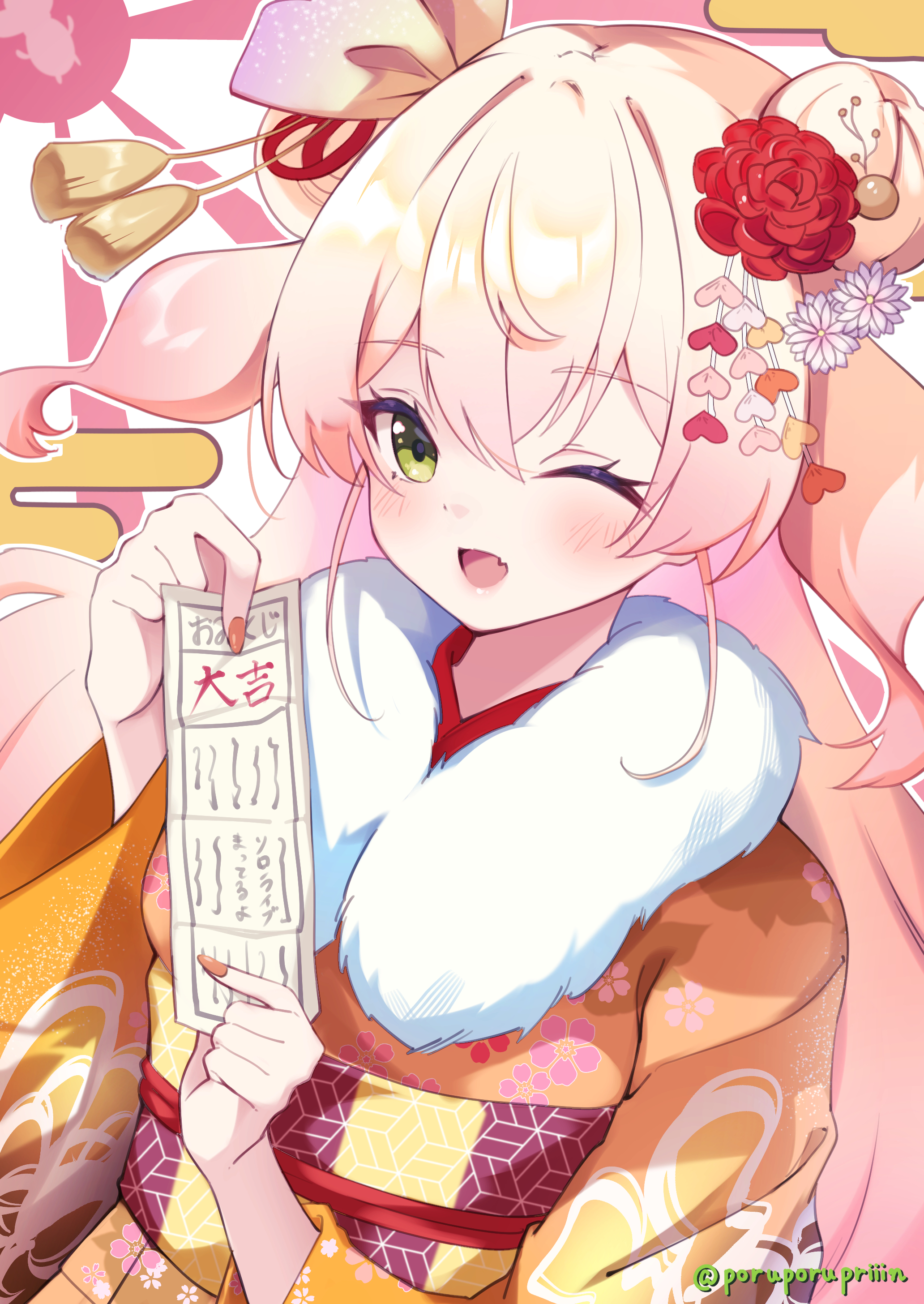 poruporupriiin, momosuzu nene, hololive, absurdres, commentary request, highres, 1girl, blonde hair, blush, double bun, floral print, floral print kimono, flower, fur-trimmed kimono, fur trim, gradient hair, green eyes, hair between eyes, hair bun, hair flower, hair ornament, japanese clothes, kimono, long hair, looking at viewer, multicolored hair, one eye closed, open mouth, orange nails, pink hair, print kimono, smile, solo, twitter username, very long hair, virtual youtuber, yellow kimono