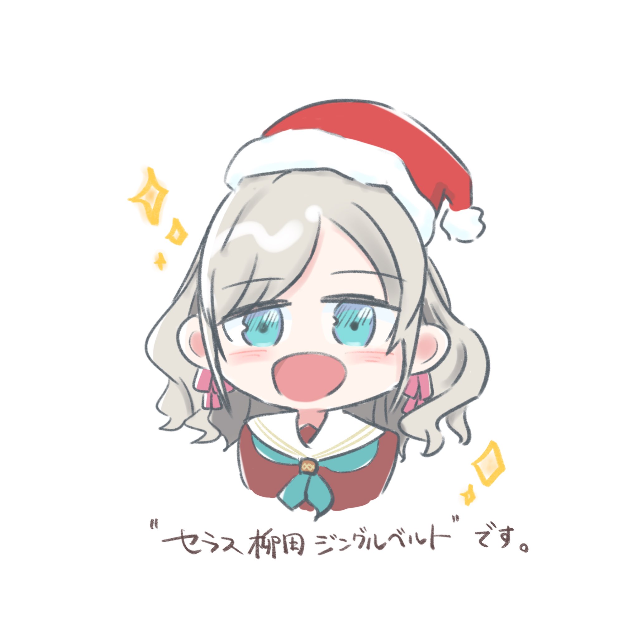 ceras yanagida lilienfeld, link! like! love live!, love live!, commentary request, highres, translation request, 1girl, :d, aqua neckerchief, blue eyes, brown dress, chibi, chibi only, dress, fur-trimmed headwear, fur trim, grey hair, hasu no sora school uniform, hat, kubo (arachi ll), long hair, neckerchief, open mouth, red hat, sailor collar, sailor dress, santa hat, school uniform, smile, solo, sparkle, virtual youtuber, wavy hair, white sailor collar, winter uniform