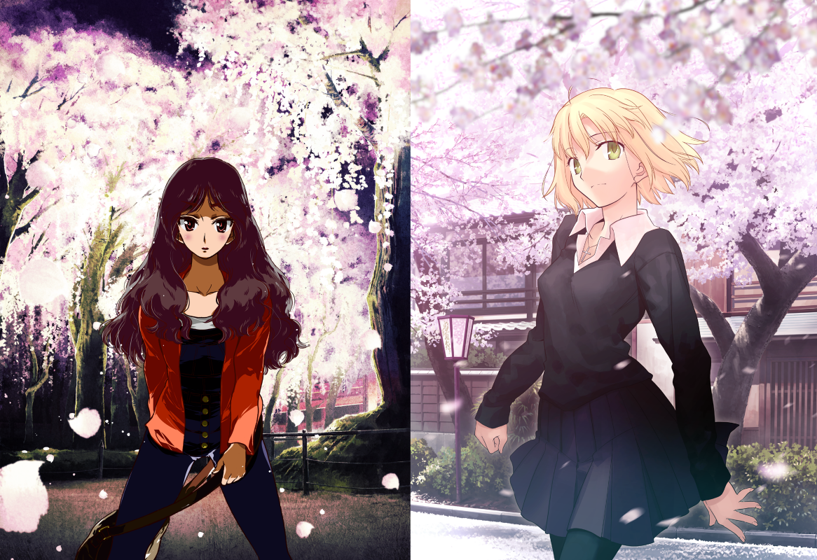 kobayashi jin, takeuchi takashi, original, 2girls, bag, black hair, blonde hair, cherry blossoms, cross, jewelry, kyoto, long hair, multiple girls, necklace, night, pants, pantyhose, short hair, skirt