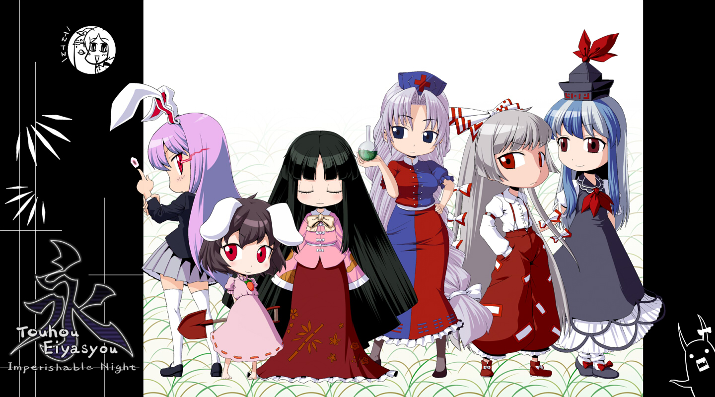 captain freedom, fujiwara no mokou, houraisan kaguya, inaba tewi, kamishirasawa keine, reisen udongein inaba, yagokoro eirin, imperishable night, touhou, silver hair, bad id, bad pixiv id, 6+girls, animal ears, black hair, blue hair, blunt bangs, bow, everyone, female focus, hat, hime cut, long hair, multiple girls, purple hair, rabbit ears, red eyes