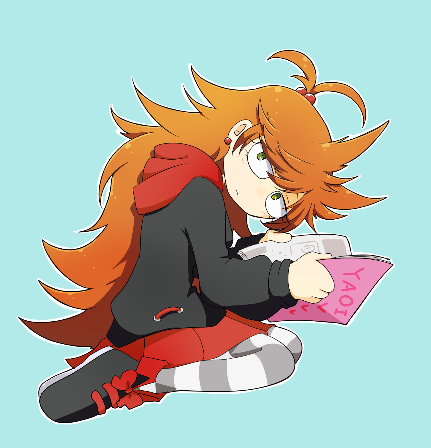 reon (02779), eddsworld, commentary request, highres, partial commentary, 1girl, animification, antenna hair, aqua background, black hoodie, black shoes, blush, brown hair, earrings, fujoshi, green eyes, hair bobbles, hair ears, hair ornament, hood, hood down, hoodie, jewelry, long hair, long sleeves, looking at viewer, official alternate costume, outline, pantyhose, pornography, red hood, red skirt, seiza, shoes, simple background, sitting, skirt, sneakers, solo, striped clothes, striped pantyhose, tori (eddsworld), white outline, yaoi (object)