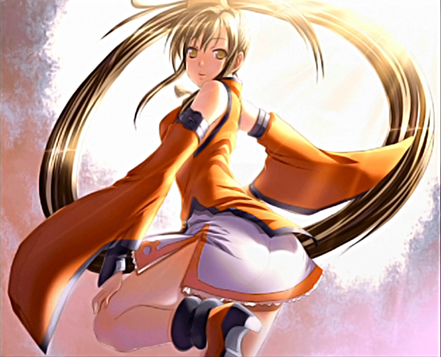 kuradoberi jam, arc system works, guilty gear, official art, 1girl, blurry, boots, can, china dress, chinese clothes, detached sleeves, dress, female focus, from behind, long hair, solo