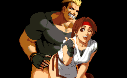yamazaki ryuuji, yuri sakazaki, snk, the king of fighters, lowres, 1boy, 1girl, black background, bottomless, doggystyle, fingerless gloves, game over, gloves, happy sex, headband, hetero, one eye closed, sex, sex from behind, simple background, smile, thumbs up, vaginal, wink